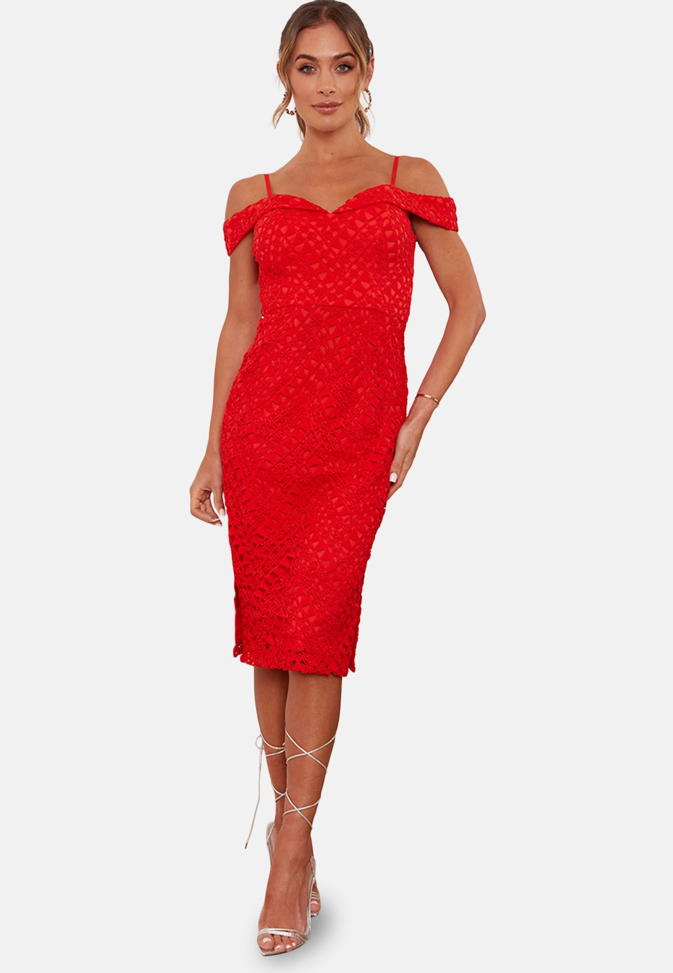 Chi Chi Bardot Premium Lace MIDI Dress in Red, Size 16 thumbnail