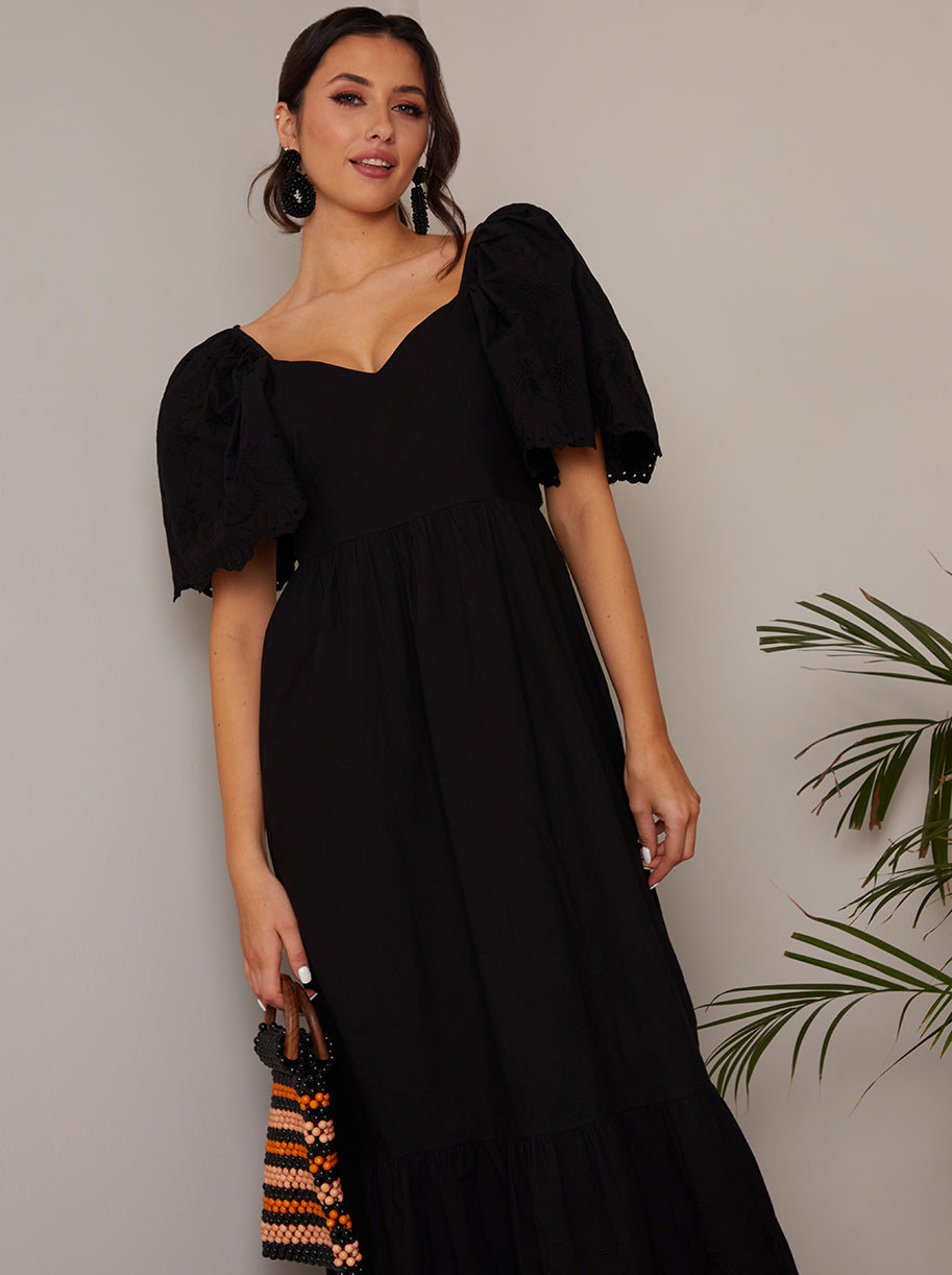 Chi Chi Broderie Sleeve Poplin Maxi Dress in Black, Size 16 thumbnail