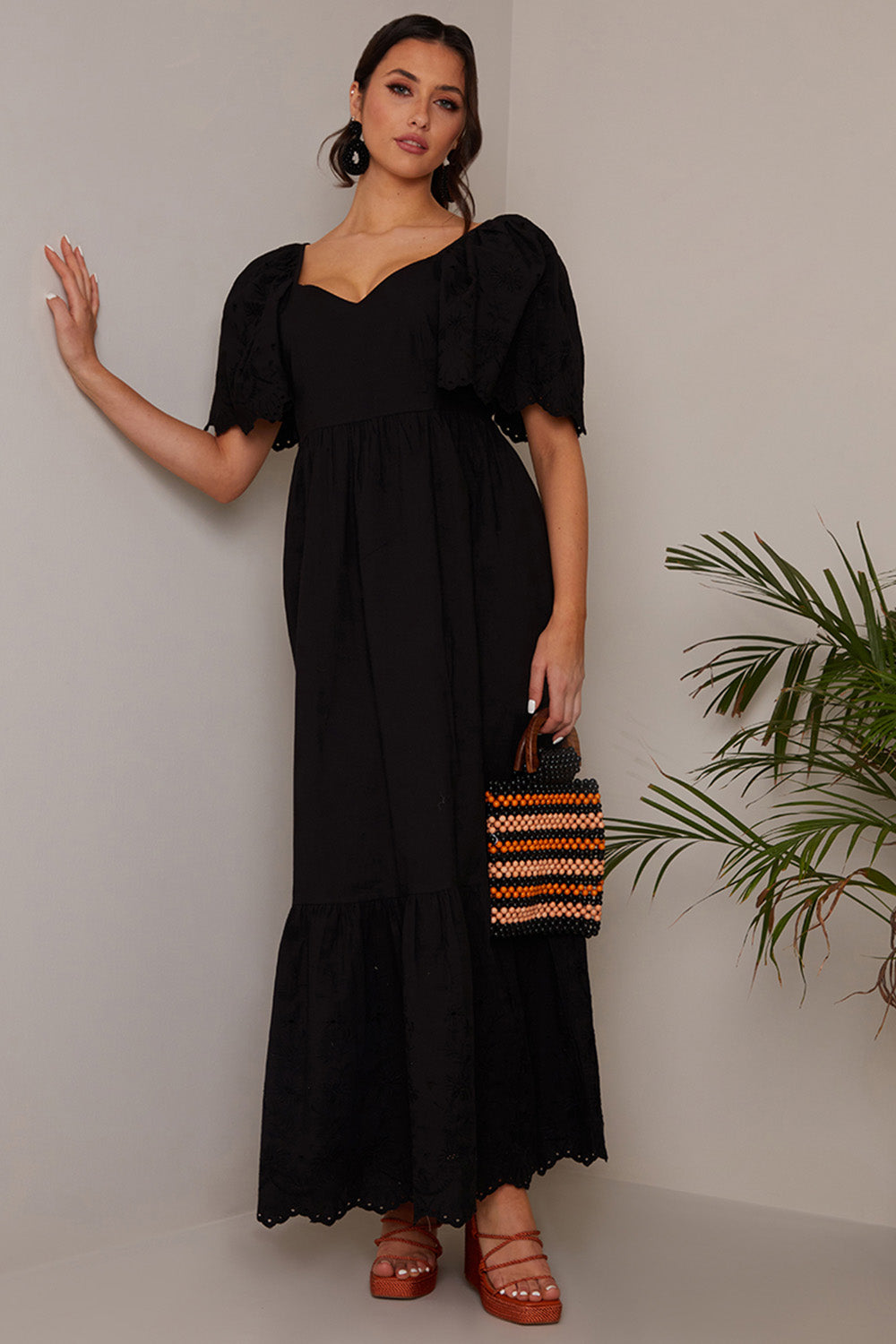 Chi Chi Broderie Sleeve Poplin Maxi Dress in Black, Size 16 thumbnail