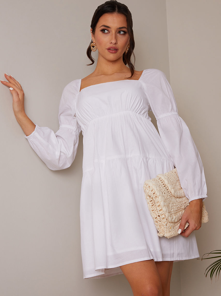 Chi Chi Square Neck Cotton Tiered Mini Dress in White, Size 16 thumbnail