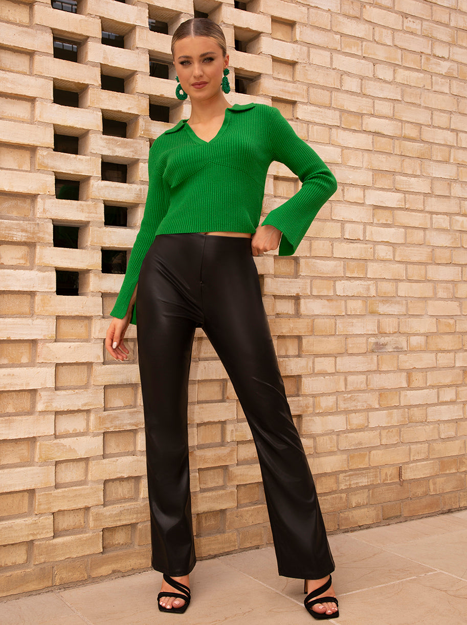 Chi Chi Faux Leather Flare Trousers in Black, Size 16 thumbnail