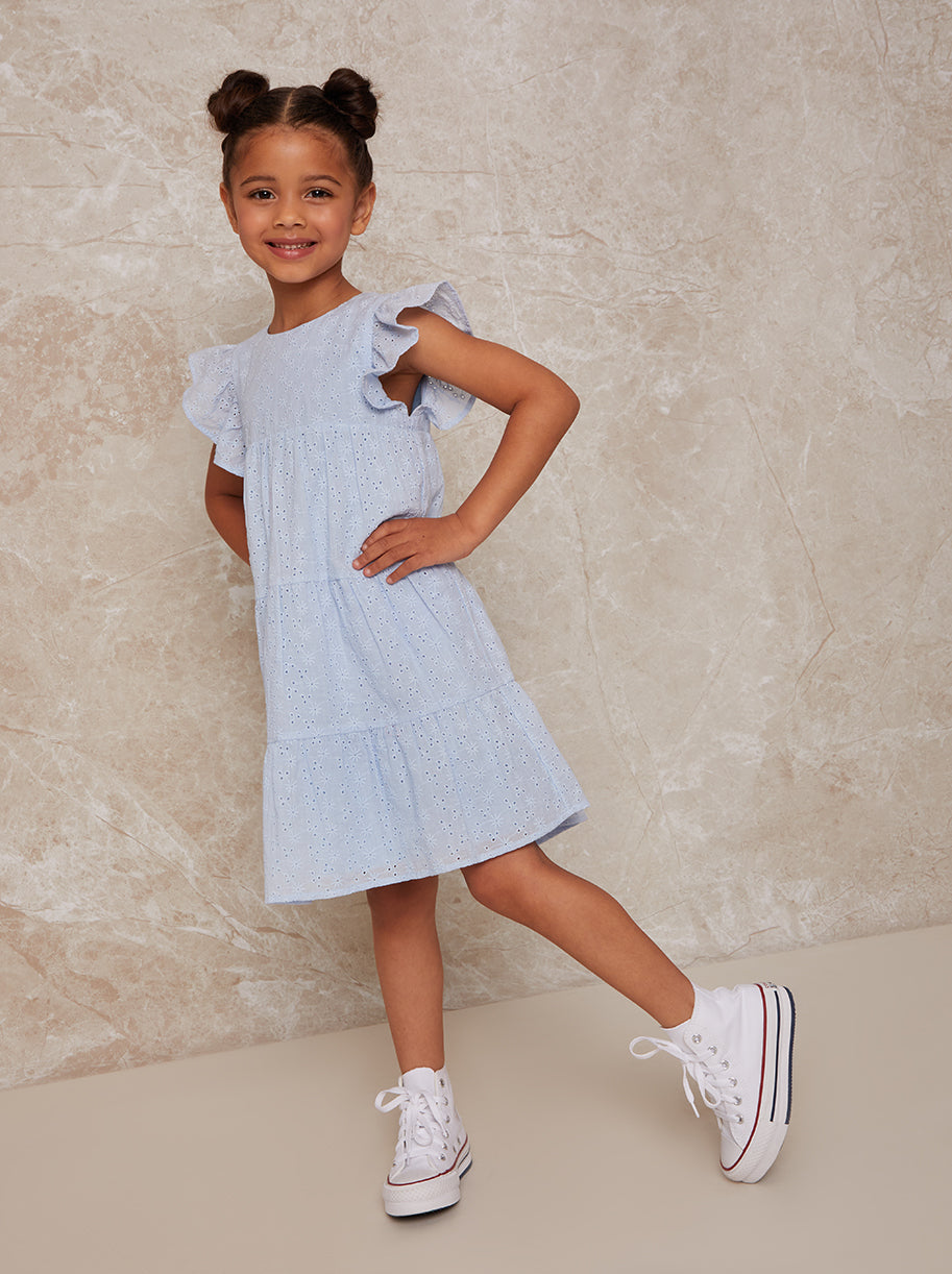 Chi Chi Tiered Broderie Smock Dress in Blue, Size 16 Years thumbnail