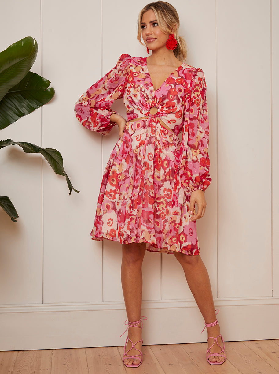Chi Chi Long Sleeve Ring Detail Floral Mini Dress in Pink, Size 16