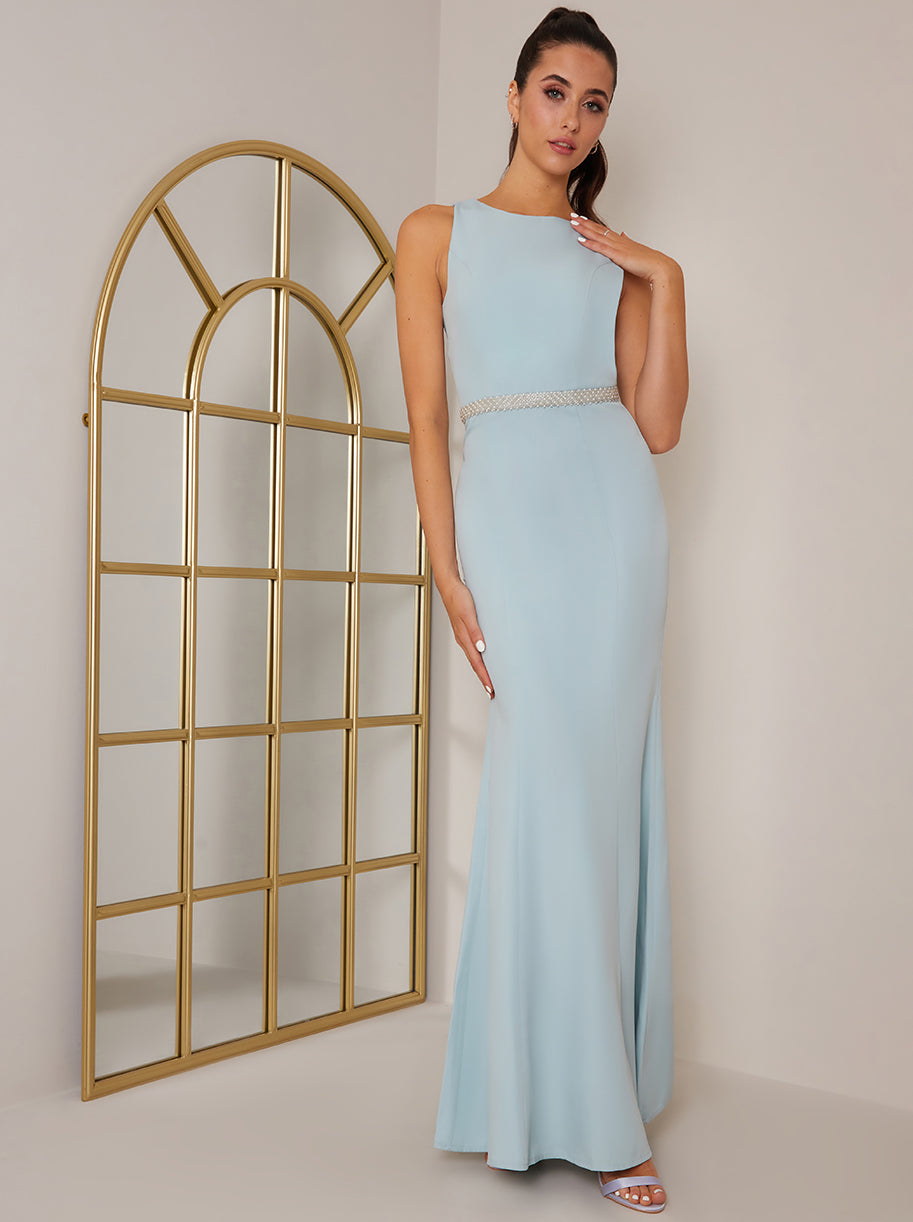 Chi Chi Open Back Diamante Waist Maxi Dress in Blue, Size 16