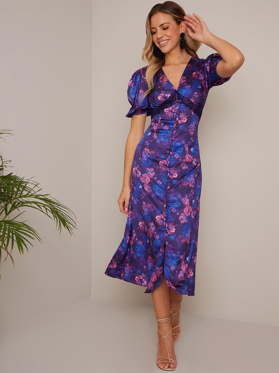 Chi Chi Puff Sleeve Lace Insert Floral MIDI Dress in Purple, Size 16