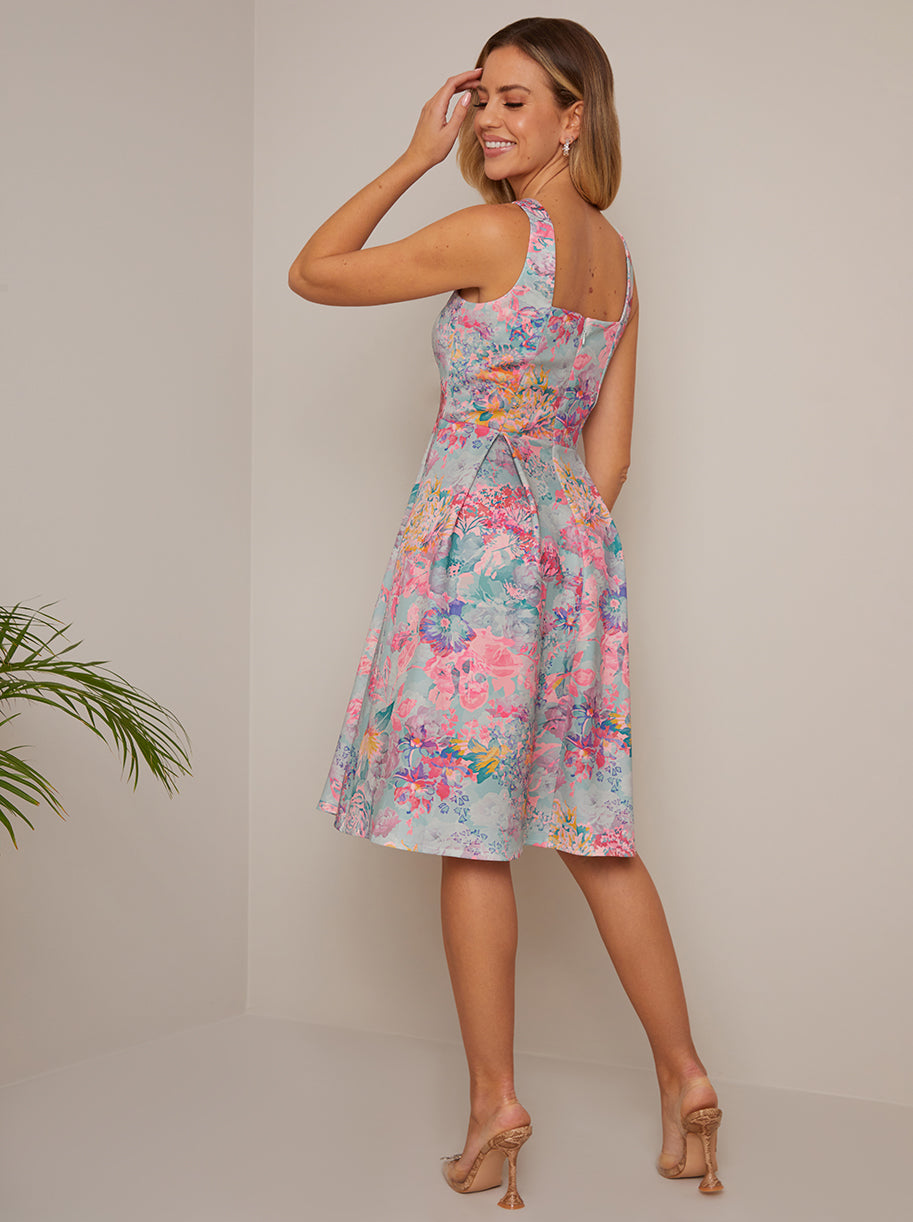 Chi Chi Sleeveless Square Neck Floral MIDI Dress in Blue, Size 16