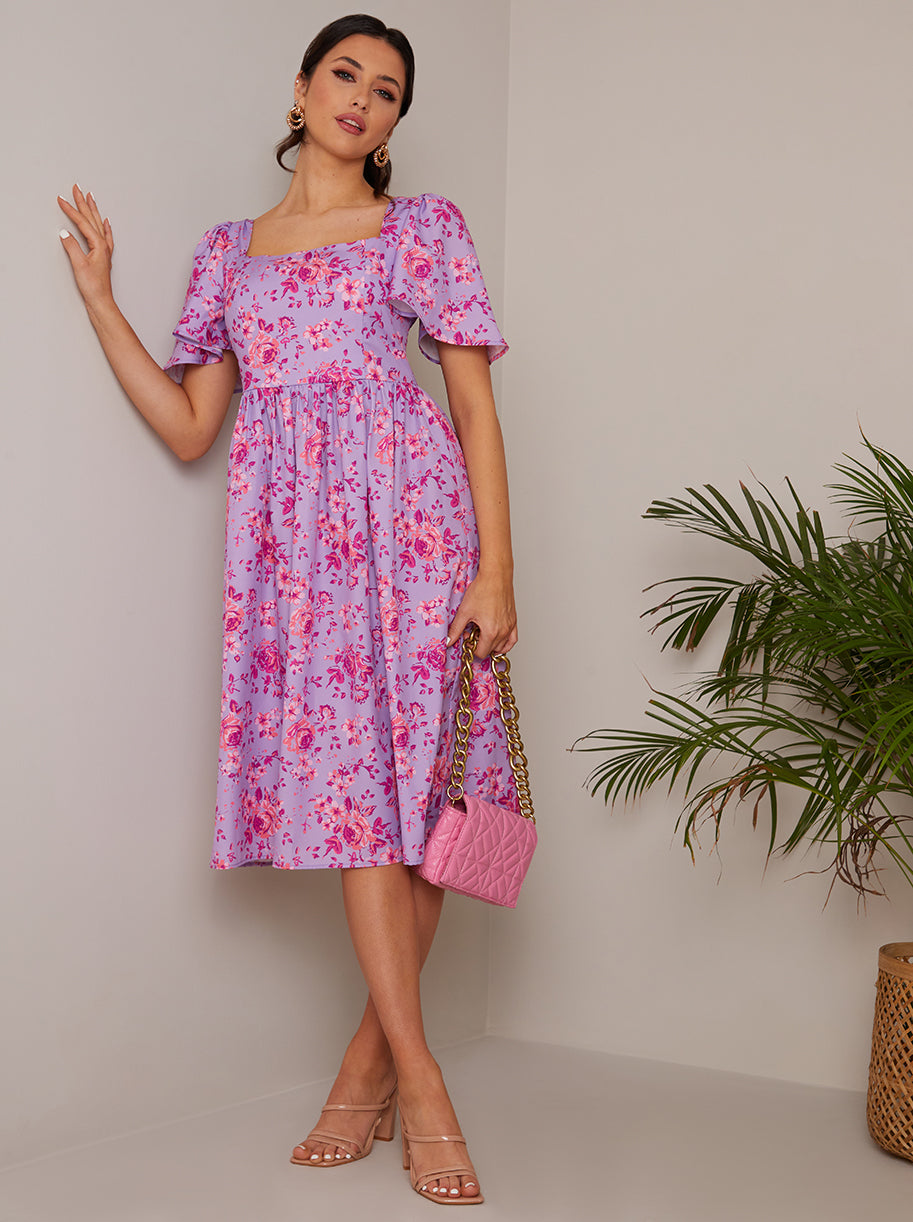 Chi Chi Square Neck Ditsy Floral MIDI Dress in Purple, Size 16