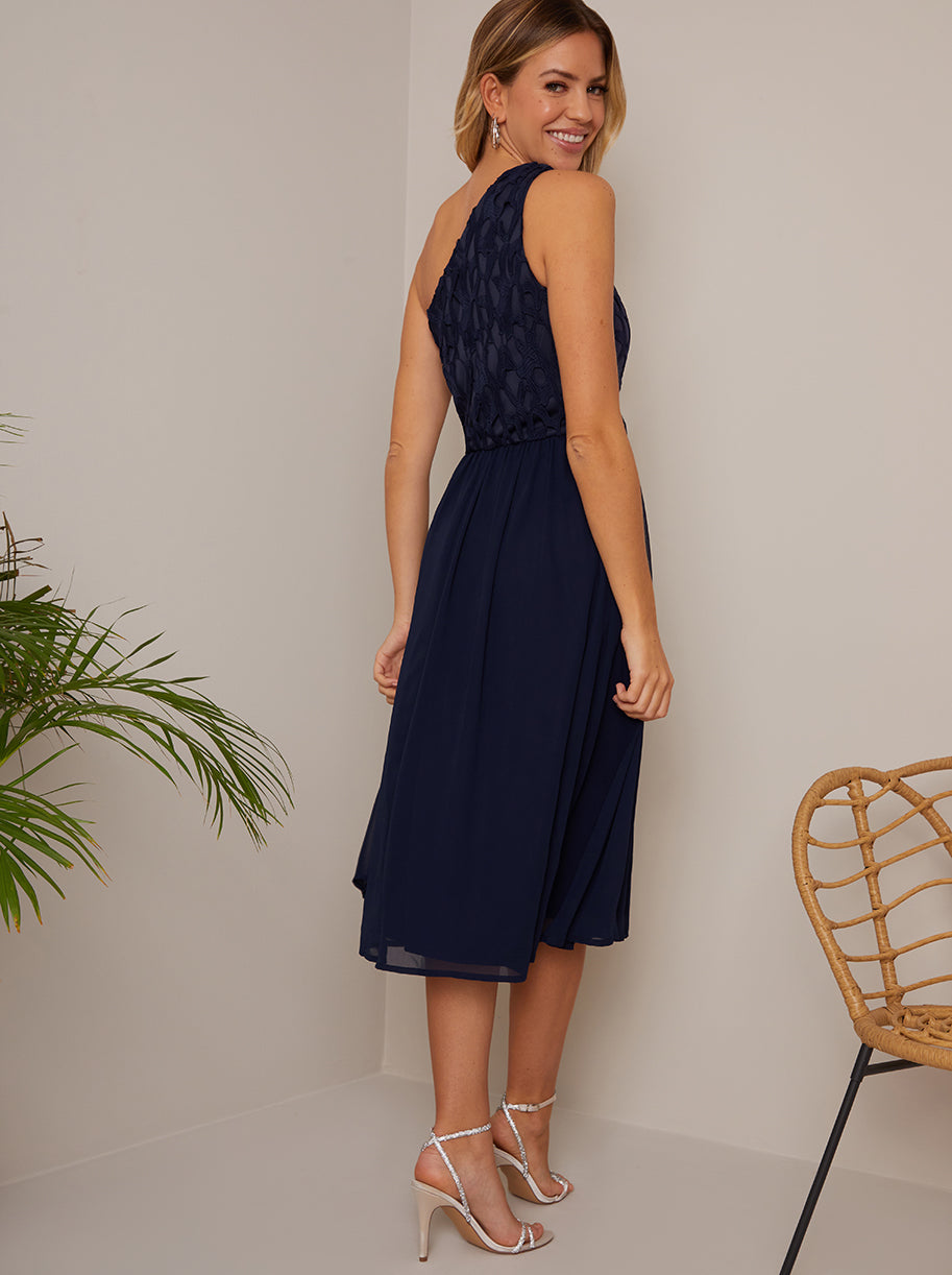 Chi Chi One Shoulder Premium Lace Chiffon MIDI Dress in Navy in Blue, Size 16