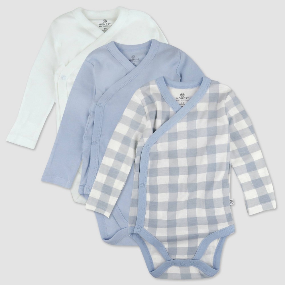 HonestBaby Baby 3-Pack Organic Cotton Long Sleeve Side-Snap Kimono Bodysuits  Blue Painted Buffalo Check  3-6 Months