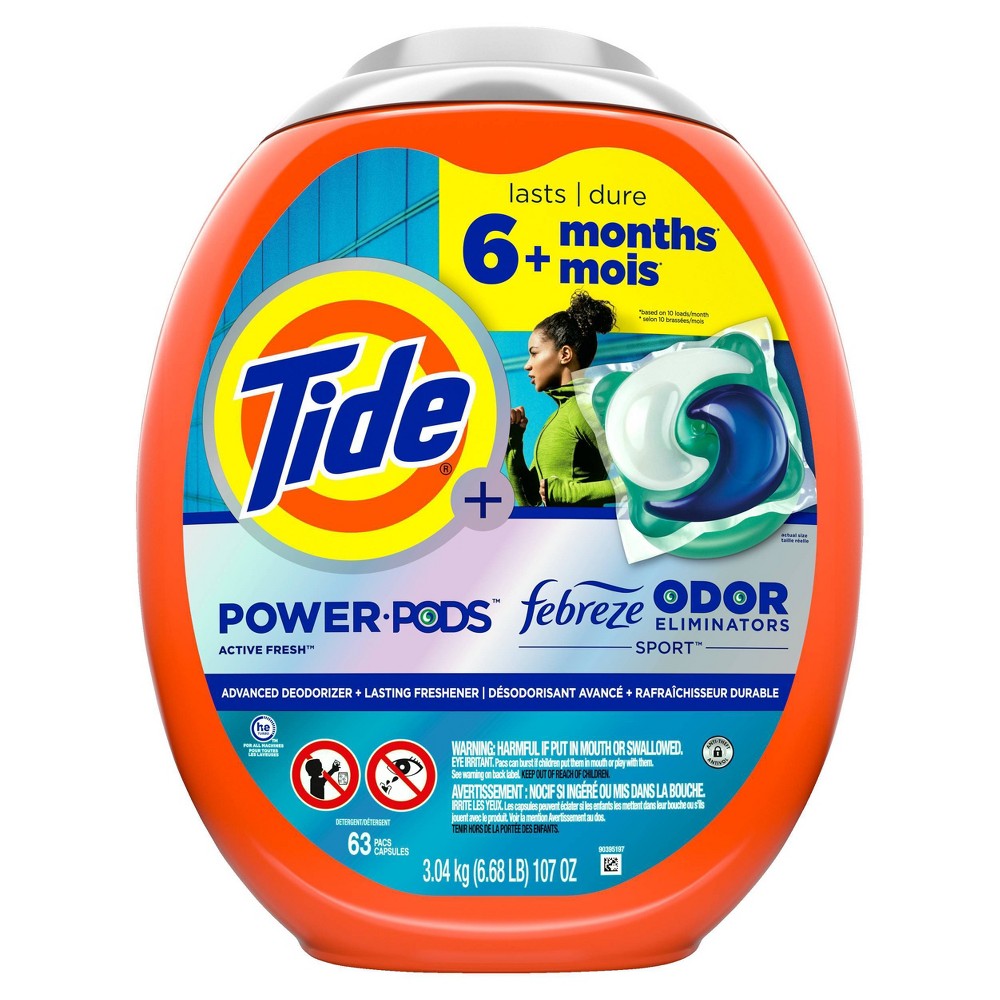 Tide Sport Power HE Deep Cleaning Concentrated Laundry Detergent Pods 63 Pacs - 93oz: Odor Control, Paraben-Free, Sporty Scent