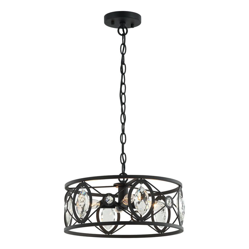 Parrot Uncle Modern 12.6 in 4-Light Matte Black Crystal Chandelier with Metal Caged and Adjustable Chain