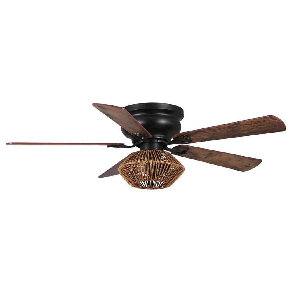 Parrot Uncle 48 in. Indoor Matte Black Flush Mount Farmhouse Rattan Ceiling Fan with Remote Control and Light Kit