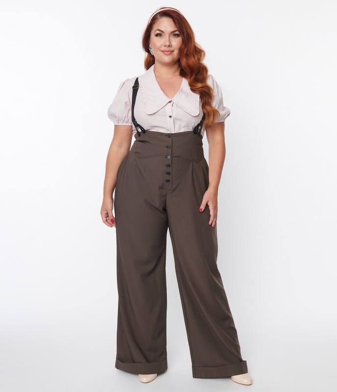 Unique Vintage Plus Size Charcoal Grey Thelma Suspender Pants - Grey - 1X/16