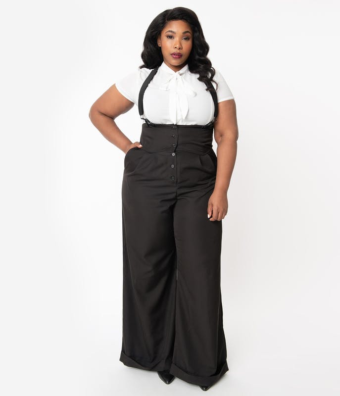 Unique Vintage Plus Size Black Thelma Suspender Pants - Black - 1X/16