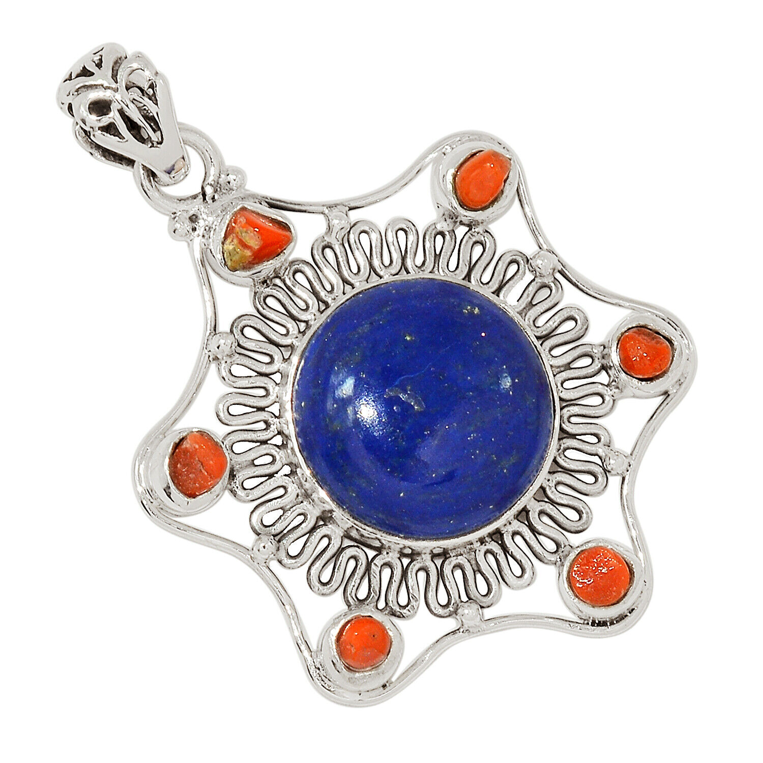 Natural Lapis Lazuli & Coral 925 Silver Pendant Jewelry ALLP-21319 STRP1