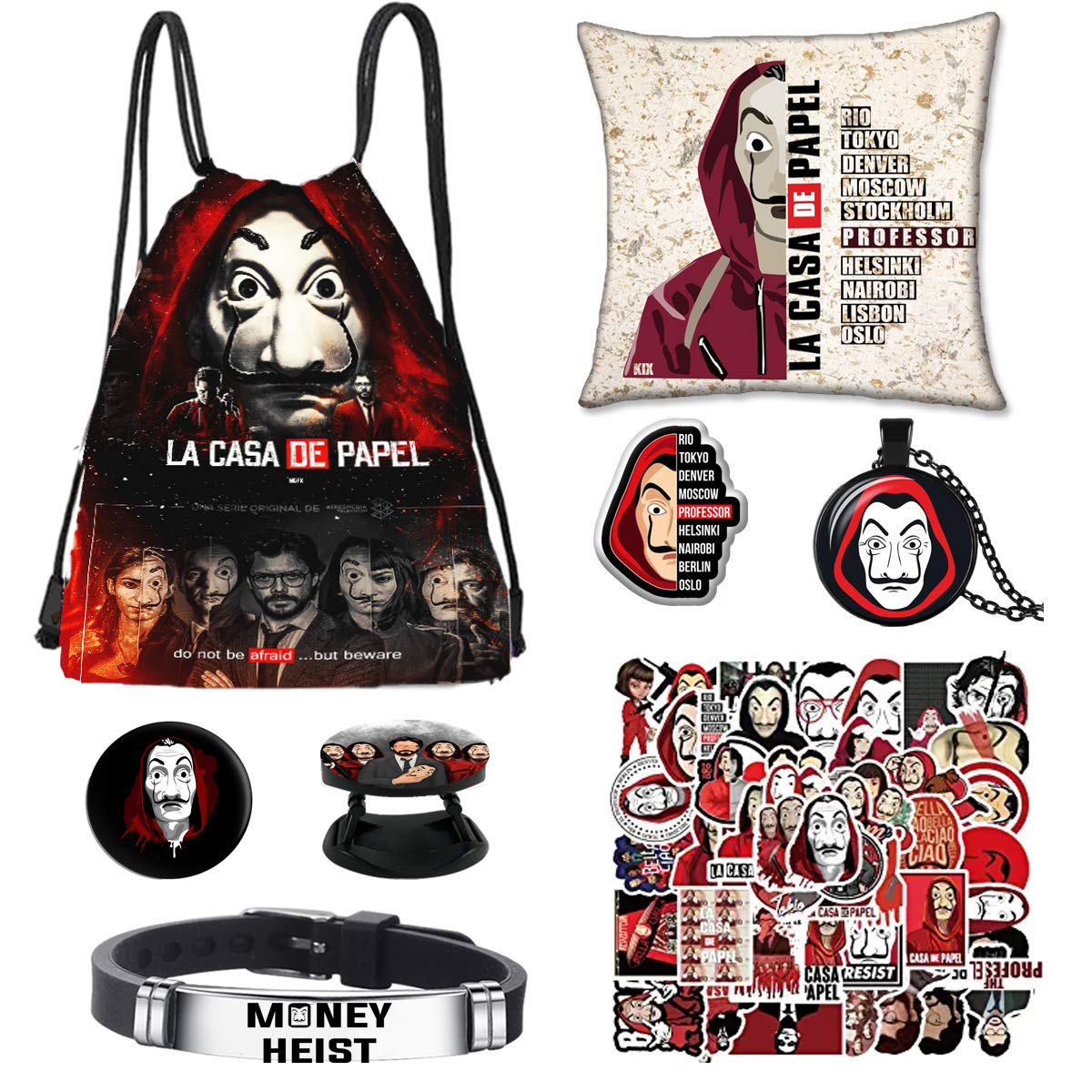 M0ney Heist La Casa De Papel TV Show Set Drawstring Bag Stickers Necklace Bracelet Button Pin Gifts for Children Teens Adults Fans (a)