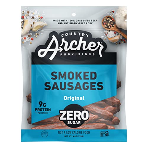 Zero Sugar Smoked Sausages by Country Archer, 100% Grass Fed & Finished Beef and All Natural Pork Sticks, Sugar Free, Non-GMO, Gluten Free, High Prote