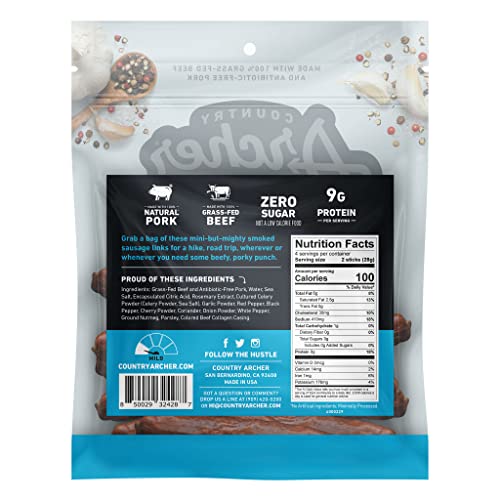 Zero Sugar Smoked Sausages by Country Archer, 100% Grass Fed & Finished Beef and All Natural Pork Sticks, Sugar Free, Non-GMO, Gluten Free, High Prote thumbnail