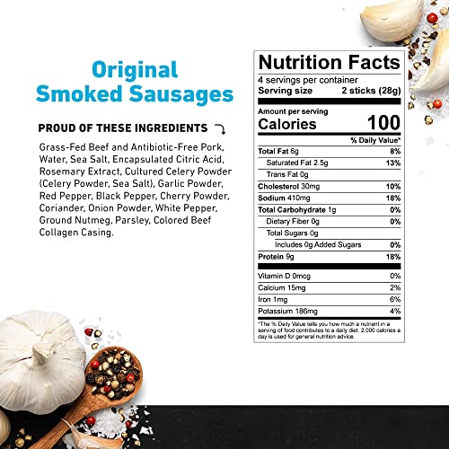 Zero Sugar Smoked Sausages by Country Archer, 100% Grass Fed & Finished Beef and All Natural Pork Sticks, Sugar Free, Non-GMO, Gluten Free, High Prote thumbnail