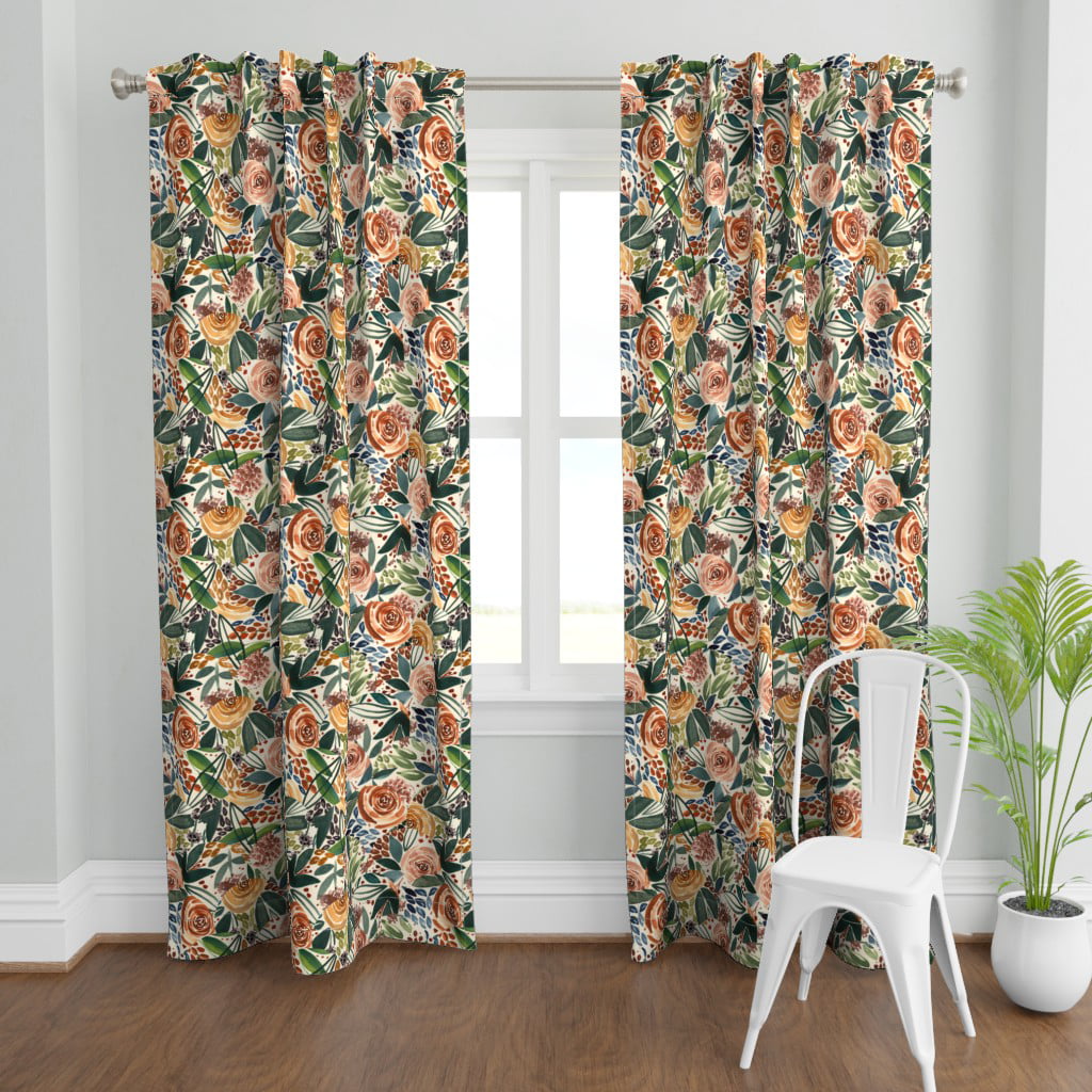 Curtain Panel  108   Linen Cotton Canvas - Boho Watercolor Roses Floral Medium Scale Multicolor Colorful Cream Botanical Peach Print Custom Window Tre