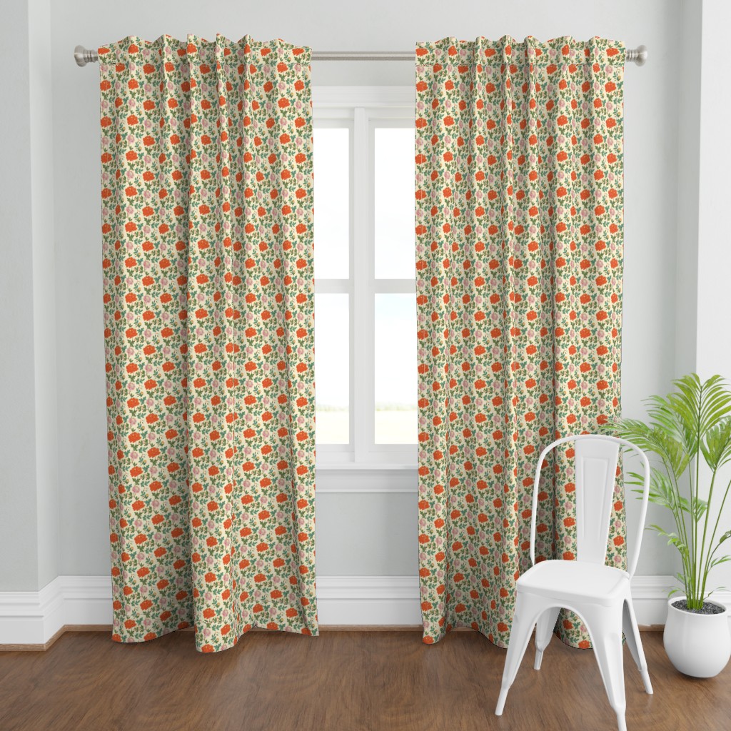 Curtain Panel  96   Linen Cotton Canvas - Botanical Chinoiserie Blue Green Red Orange Retro Vintage Rose Garden Baroque Rococo Print Custom Window Tre