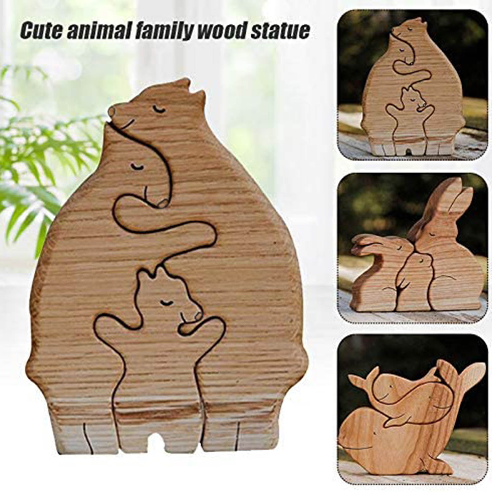 LA TALUS 3Pcs/Set Wooden Statue Cute Lightweight Durable Mothers Day Gift Animal Shape Sculpture Ornament for Home Style 2