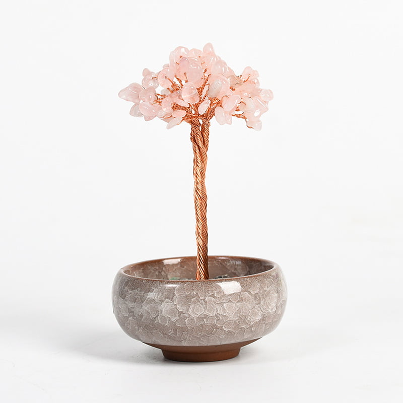 Feildoo Pink Rose Quartz Rose Quartz Tree  Natural Rose Quartz Crystal Tree for Positive Energy Money  Polished Leaves Cracked Bowl Base  Gemstone Tre