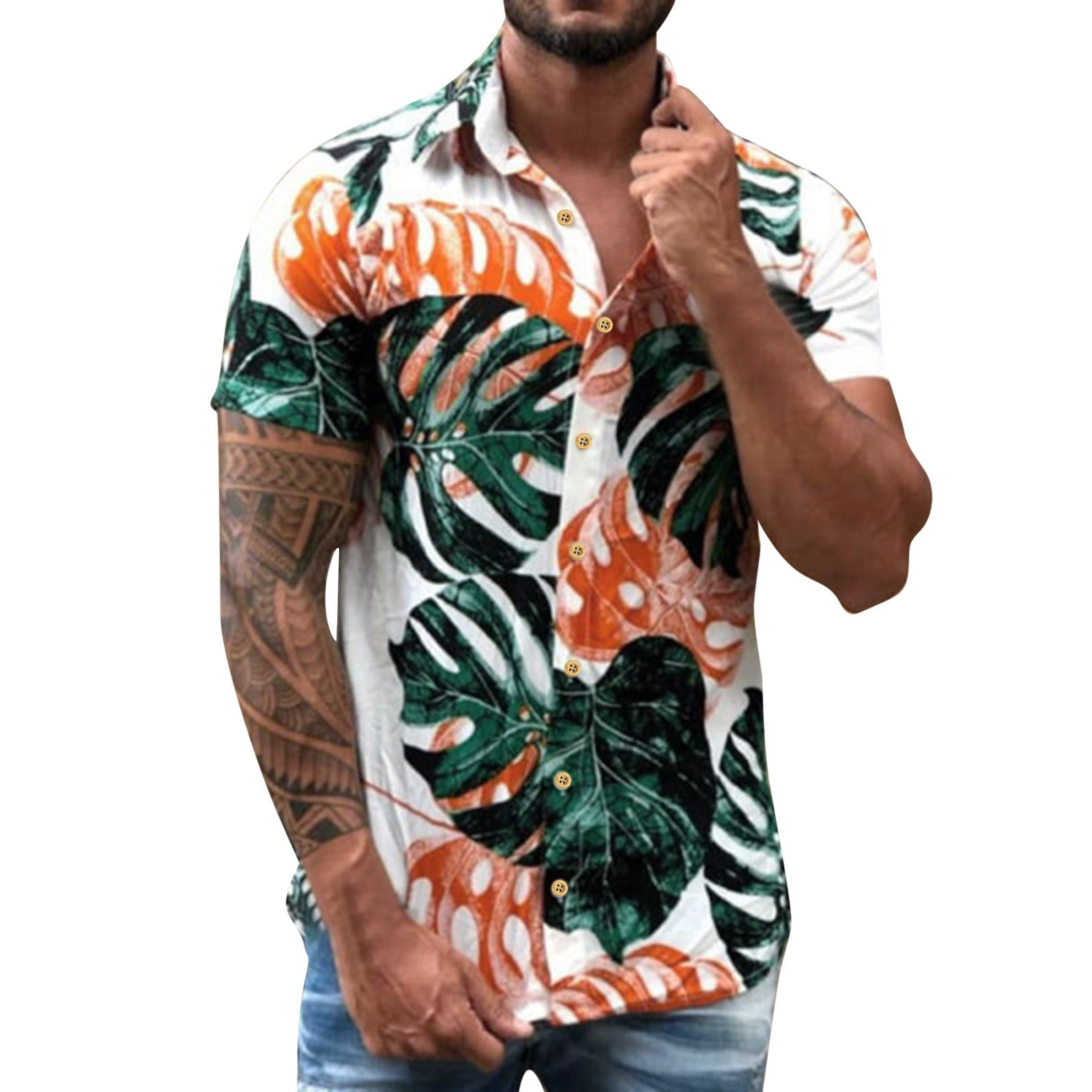 GWAABD Habit Fishing Shirt Mens Fashion and Leisure 3D Digital Printing Buckle Lapel Short Sleeve Shirt Top