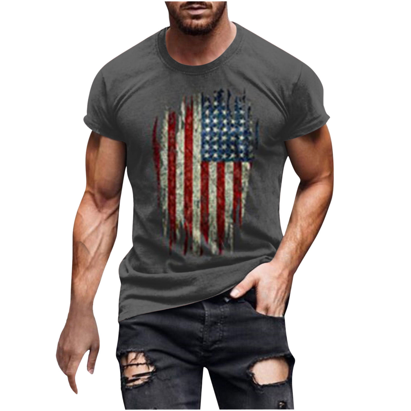 Fanxing 4th of July Patriotic T-Shirts Men American Flag Graphic Tees Blouse Casual Short Sleeve Tops Black Navy White Red Dark Gray Gray M L XL XXL X