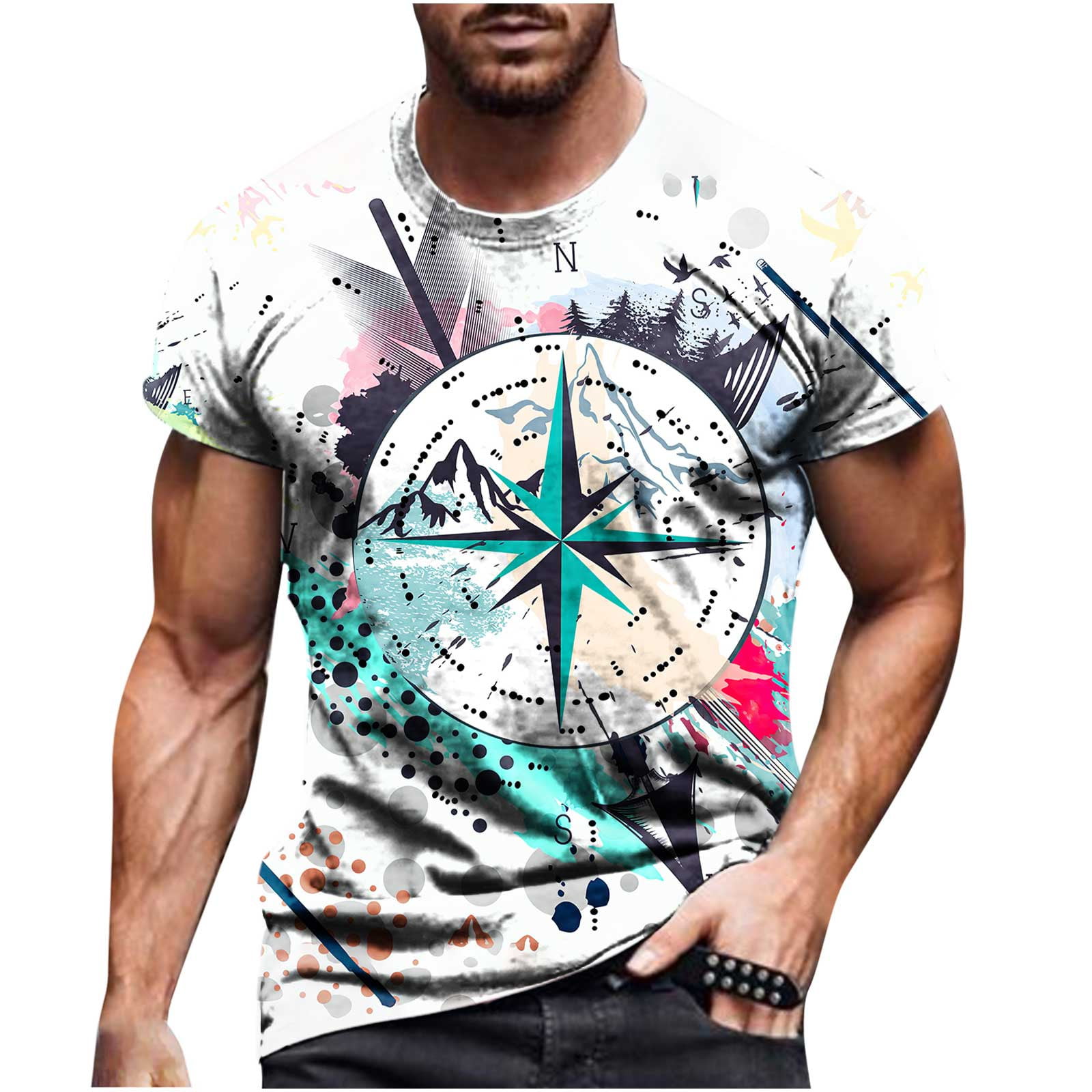 VSSSJ Fashion Compass Graphic Tees for Men Classic Fit 3D Digital Printed Roune Neck Short Sleeve T-Shirts Summer Casual Tshirts Blouse Tops White L