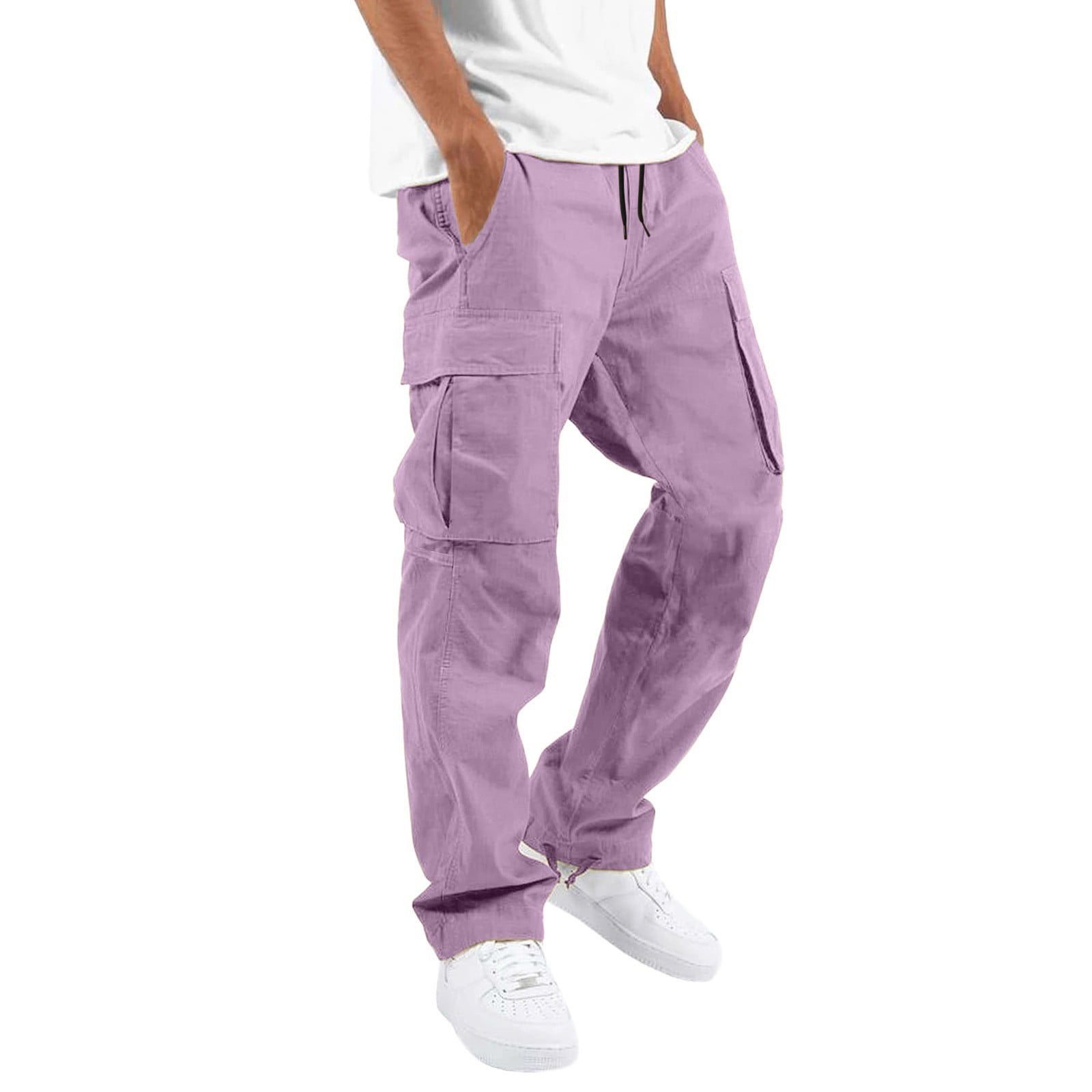 GWAABD Men Casual Pants Mens Casual Waist Color Sports Hat Multi Woven Pocket Foot Rope Solid Pants Street Cargo Tie Mens Cargo Pants