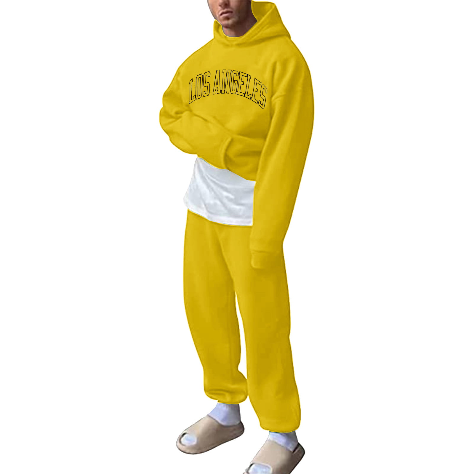 GWAABD Mens Shorts Mens Fashion Casual Letters Solid Two Piece Hooded Pocket Strap Pullover Sweater Pants Set