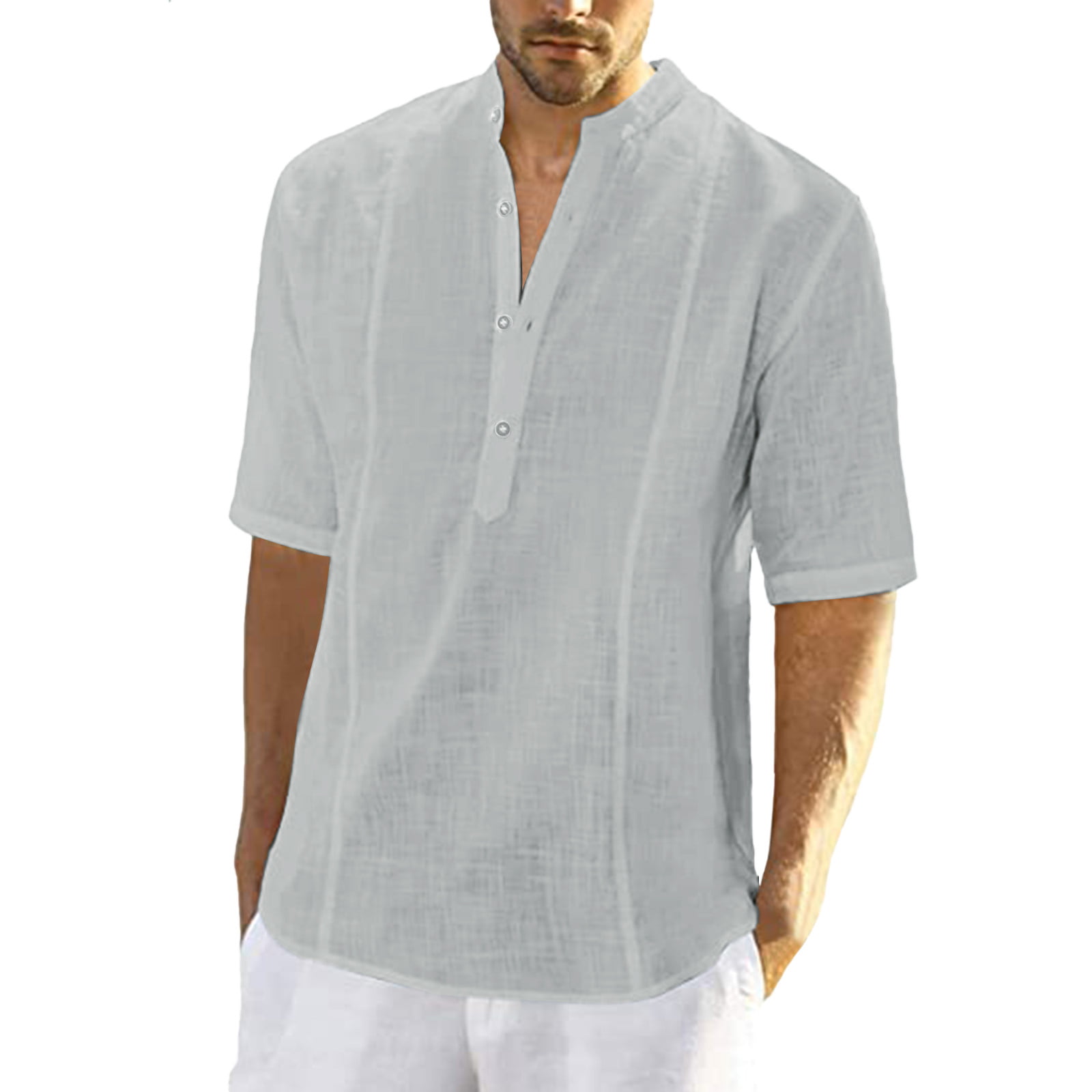 GWAABD Men Convertible Sleeve Shirt Mens Fashion Casual Solid Color Button Cotton Linen Shirt Short Sleeve Jacket Top Blouse