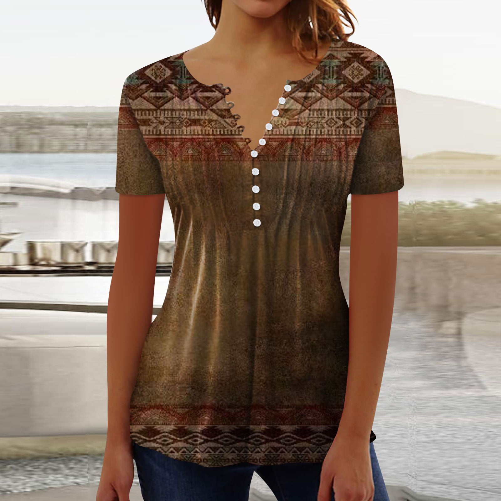 BallsFHK Women S Shirt Blouse Button Floral Print Short Sleeve Casual Basic Round Neck Regular Top Summer Tops for Women 3439 Trendy