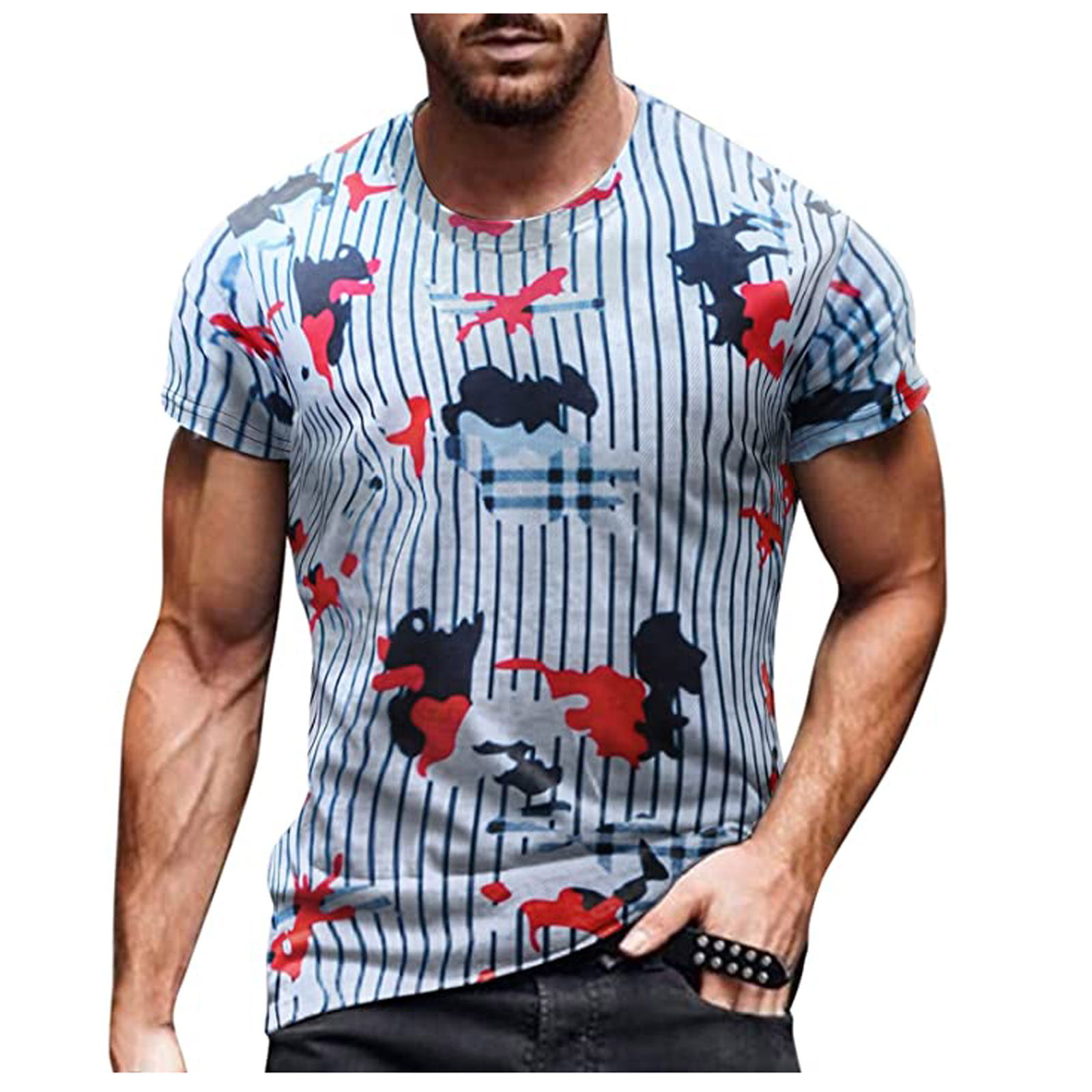 HAPIMO Easter Stripe Graphic Print Blouse Round Neck Fashion Tops Short Sleeve T-Shirt for Men Men S Summer Shirts Casual Slim Fit Tee Clothes White L