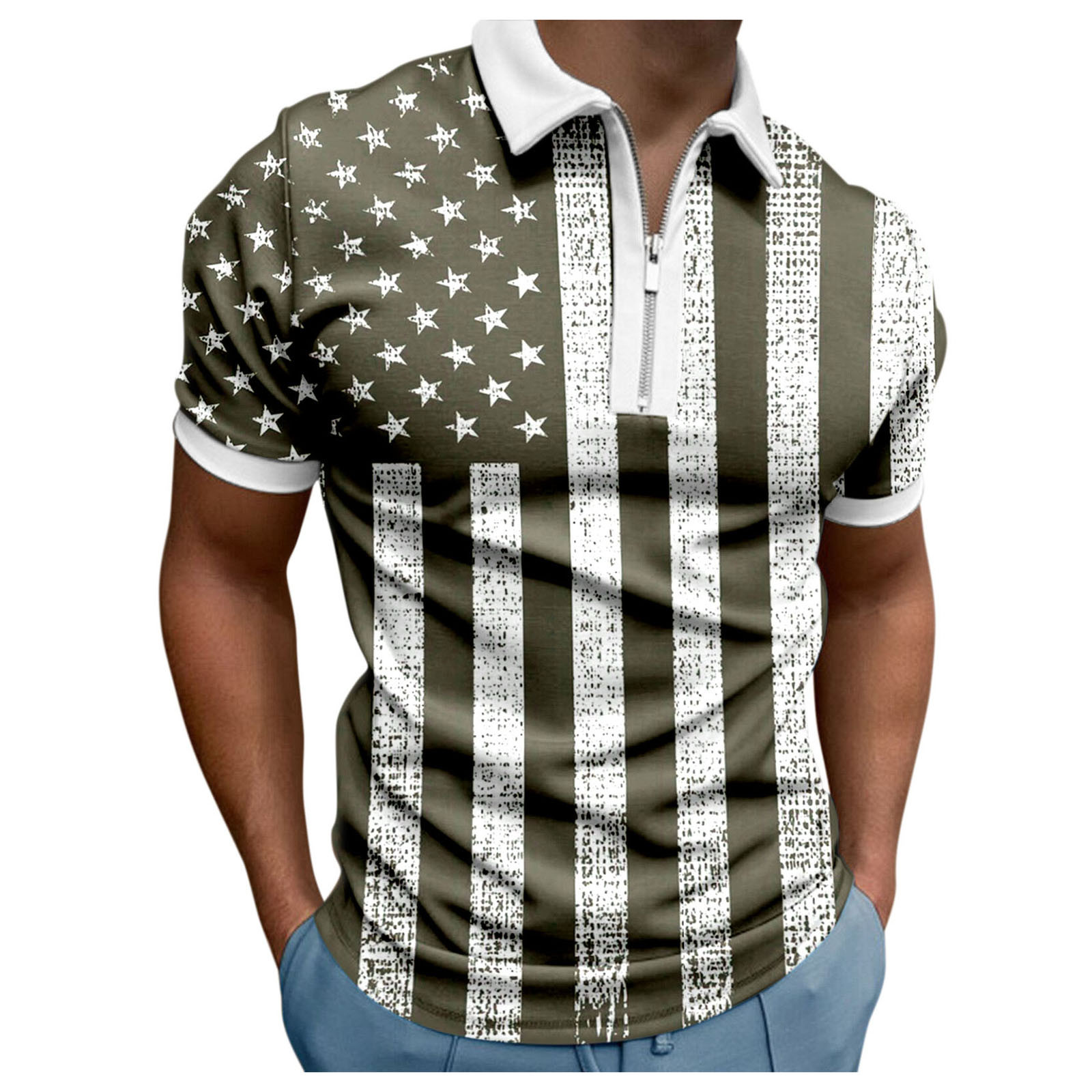 Male Summer Casual Independence Day Print Zipper Turn Down Collar Blouse Short Sleeve Tops Shirt Men T Shirts Graphic Vintage White L