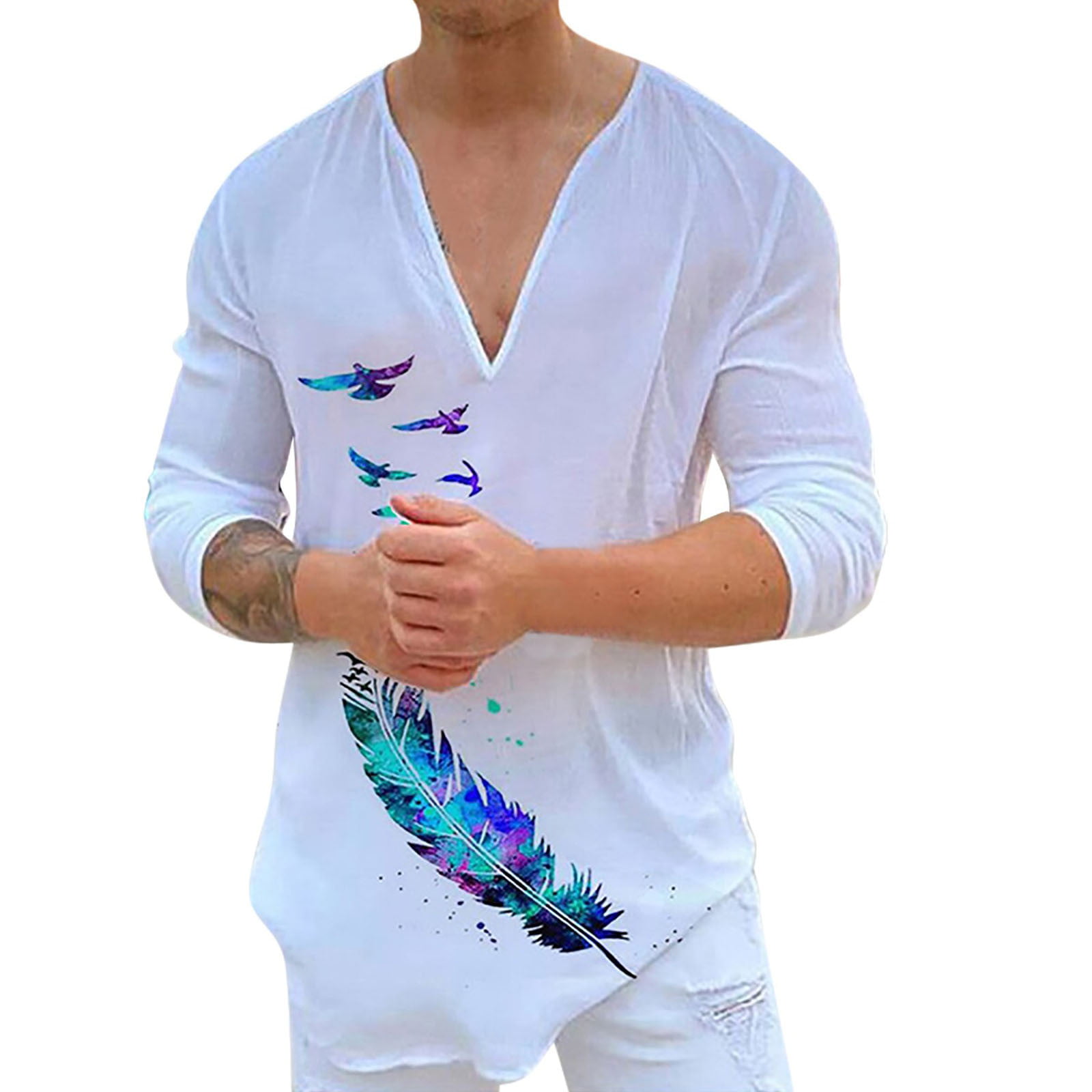 GWAABD T Shirt Soft Men S Casual Loose Top Shirt Imitation Cotton Printed Long Sleeve V-neck Long Sleeve Top Blouse Lightweight Casual Top