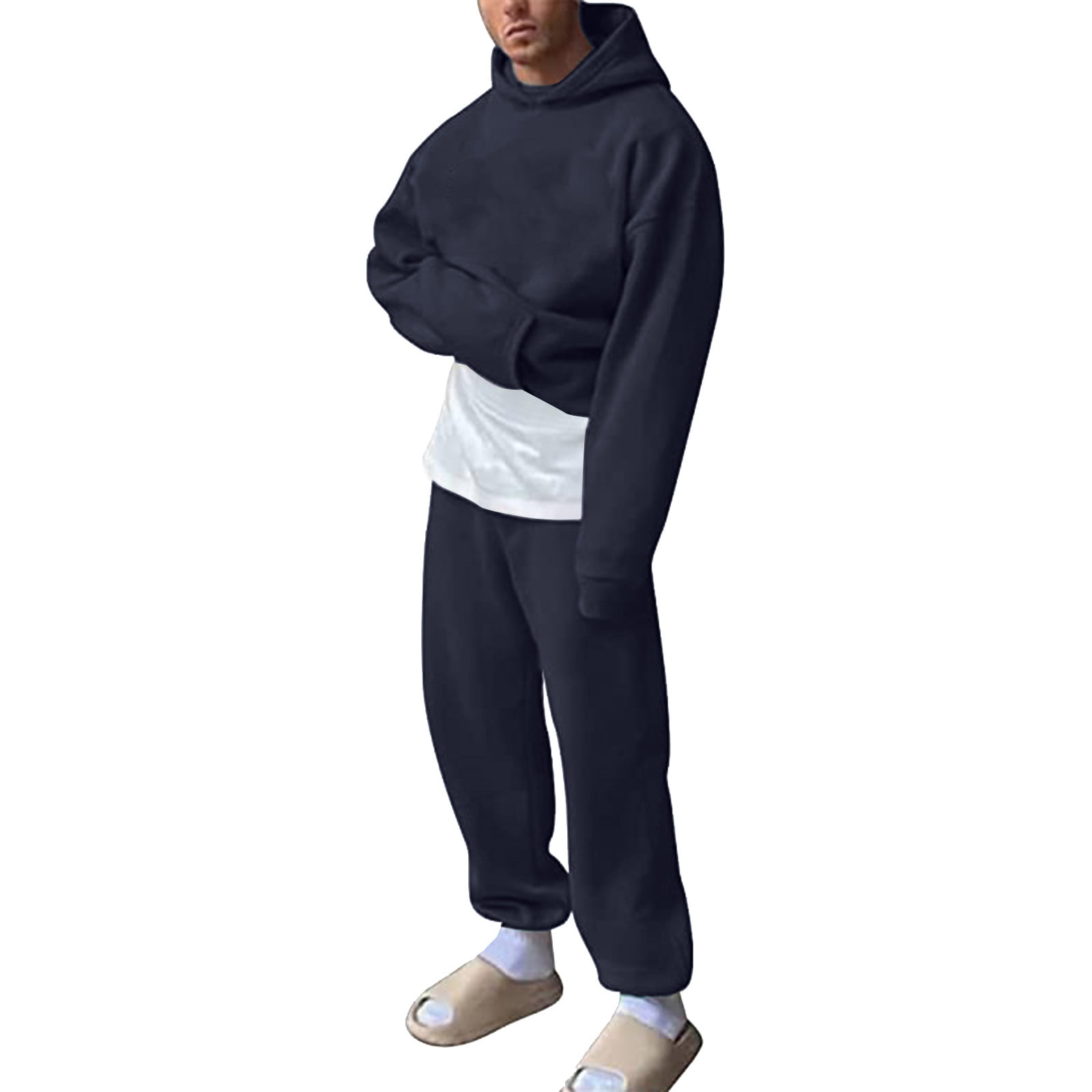 GWAABD Hawaiian Shirt Suit Mens Fashion Casual Solid Color Two Piece Hooded Pocket Strap Pullover Sweater Pants Set Suits