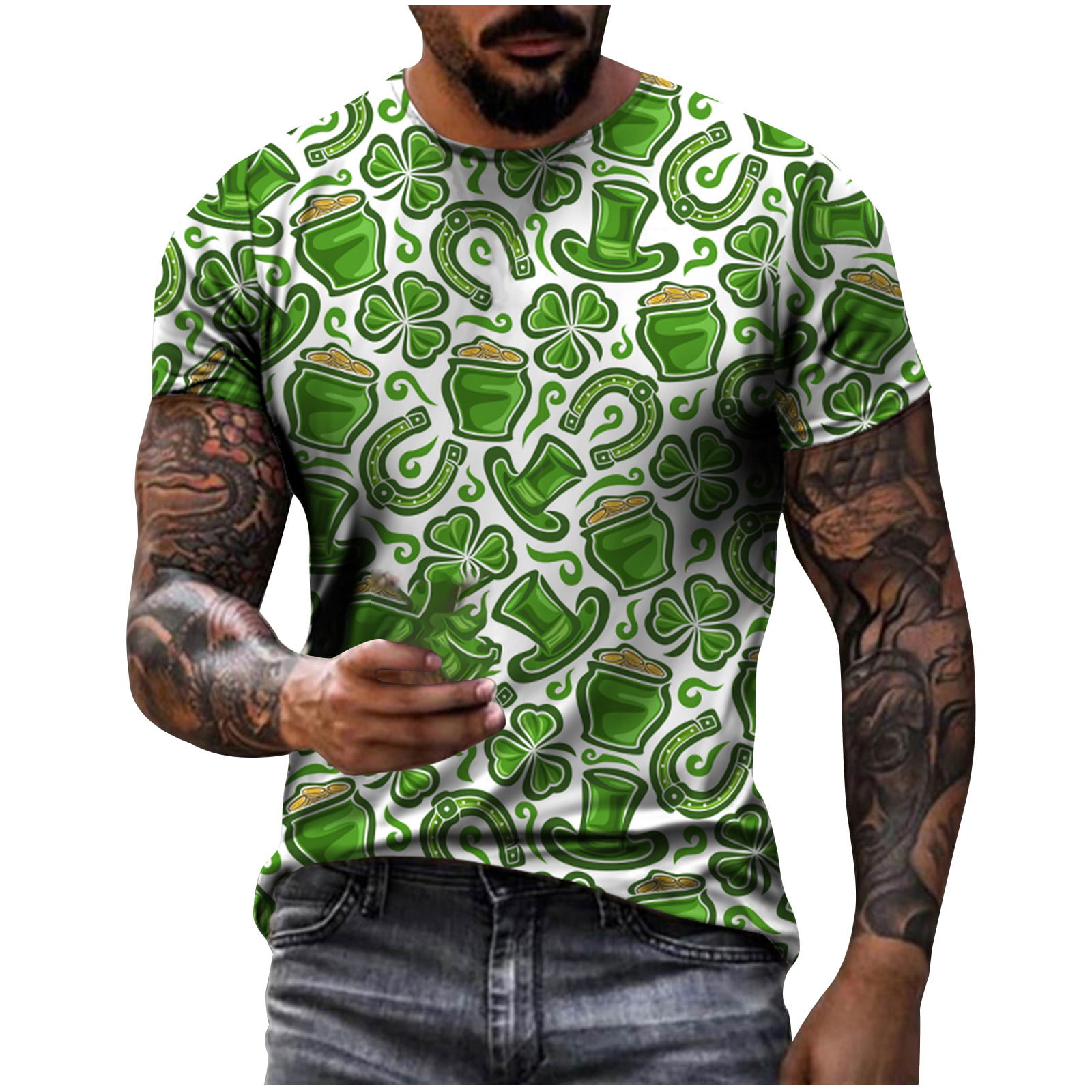 Hinvhai Mens Tops Clearance St. Patrick S Day Men S Unisex Daily T Shirt 3D Print Graphic Prints Short Sleeve Tops Blouse White 8(L)