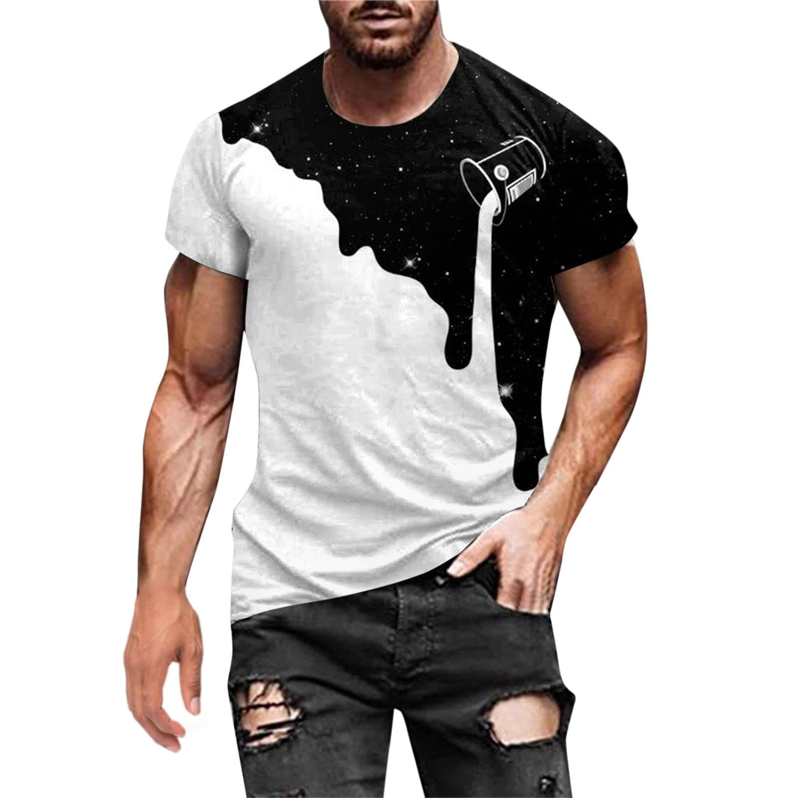 XFLWAM 3D Graphic Print T-Shirt for Men Crew Neck Short Sleeve Fashion Tees Streetwear with Designs White L