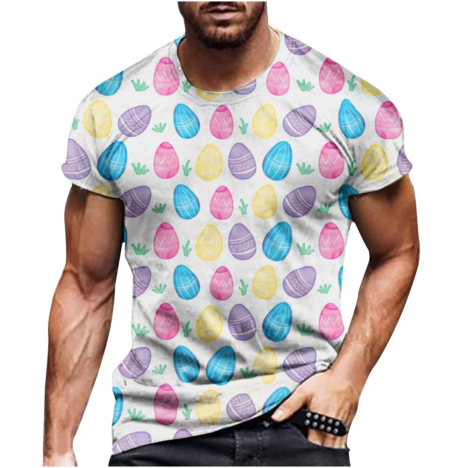 HAPIMO Easter Eggs Graphic Print Blouse Round Neck Fashion Tops Short Sleeve T-Shirt for Men Men S Summer Shirts Casual Slim Fit Tee Clothes White L