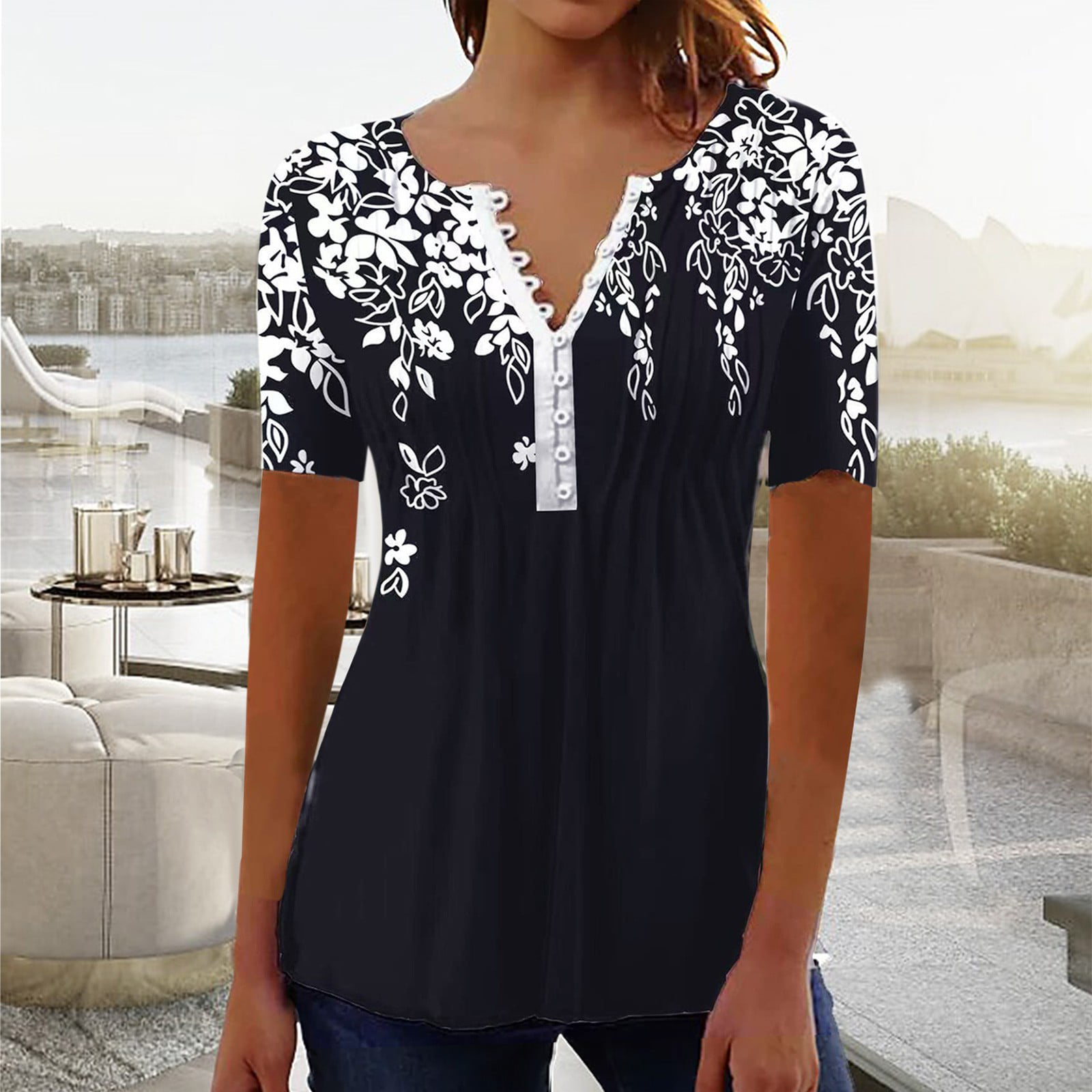 BallsFHK Women S Shirt Blouse Button Floral Print Short Sleeve Casual Basic Round Neck Regular Top Summer Tops for Women 4962 Trendy