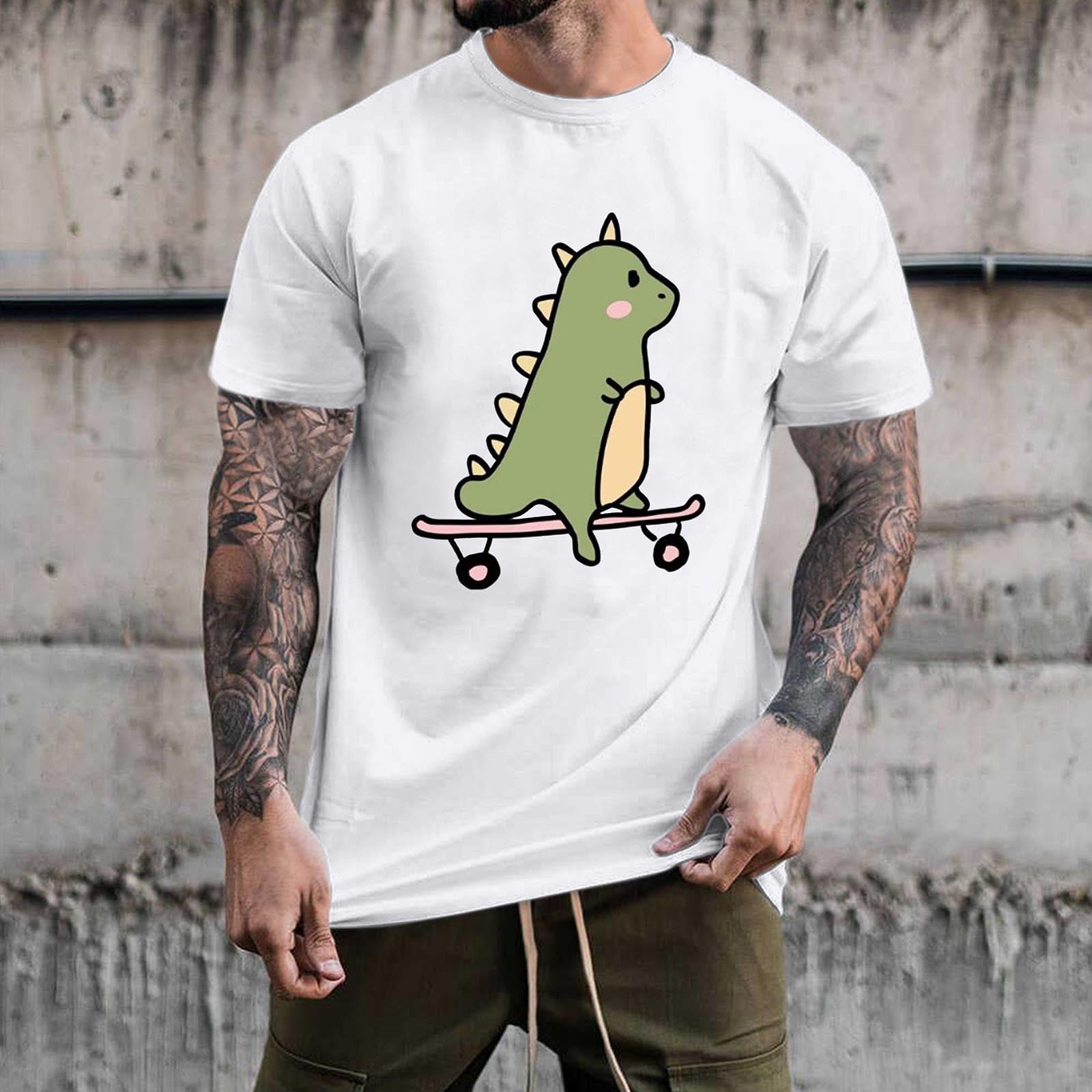 JNGSA Men S Cute Dinosaur Shirt Summer Loose Casual T-Shirt Short Sleeve Graphic Printed Tops White L Clearance
