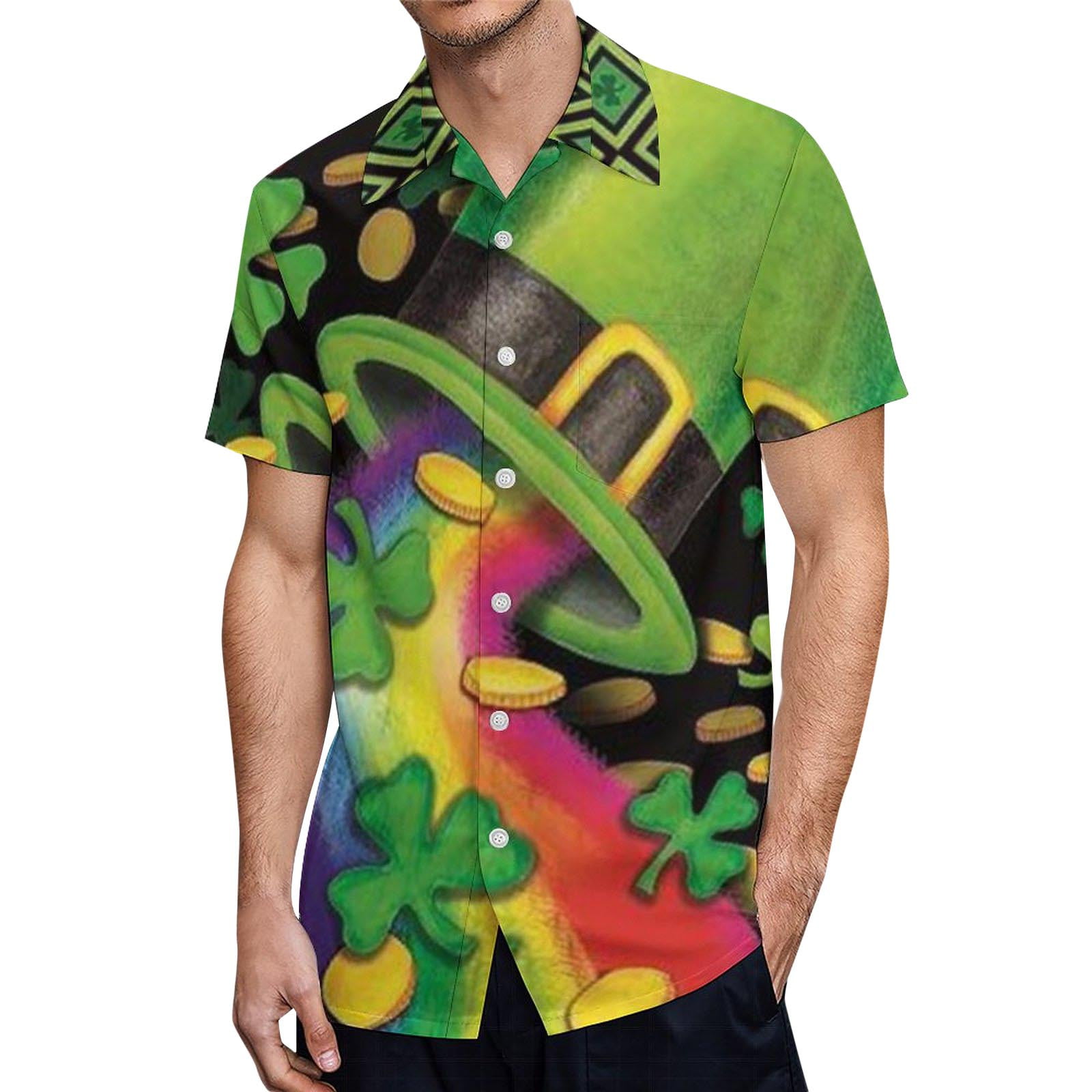 CLZOUD Soft Shirts Men Green Mens Fashion Casual 3D Digital Printed Pocket Lapels Single Short Sleeved Shirt Tops S