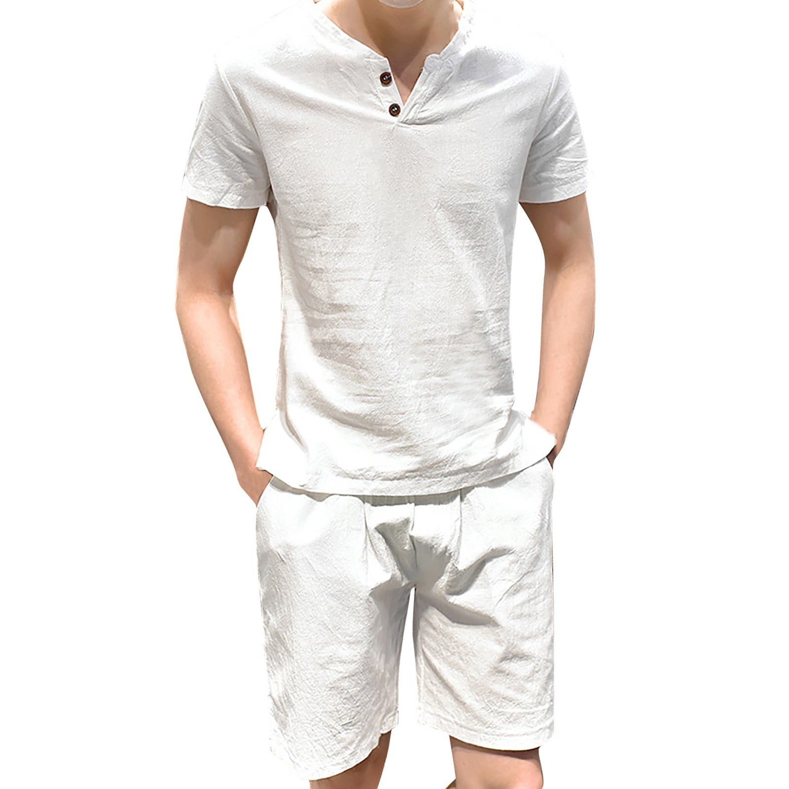 GWAABD Men S Short Sets 2 Piece Outfits Color Set Mens Large T-Shirt Short-Sleeved Solid Linen Casual Size Cotton Set Men Suits & Sets