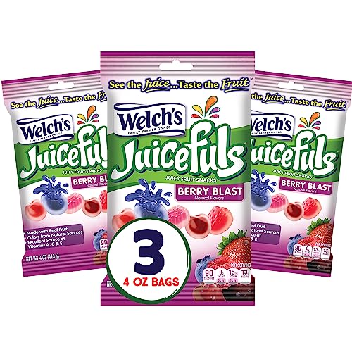 Welch's Juicefuls Juicy Fruit Snacks, Berry Blast, Fruit Gushers, Gluten Free, 4 Oz Sharing Size Bags (Pack of 3)