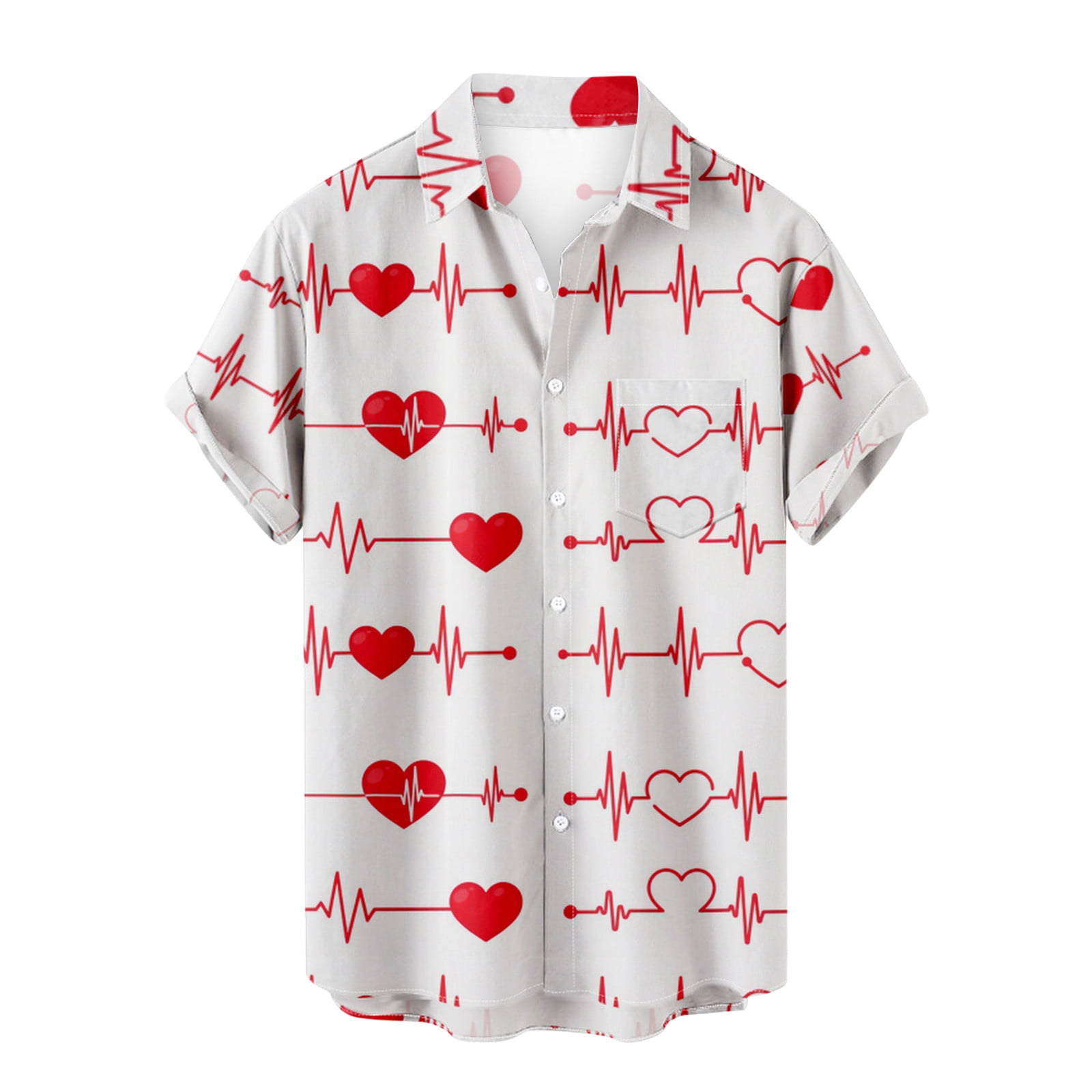 ZCFZJW Mens Casual Valentine S Day T-Shirts Button Down Graphic Hawaiian Tees Lightweight Short Sleeve Holiday Tshirts Love Heart Pattern Tops White L