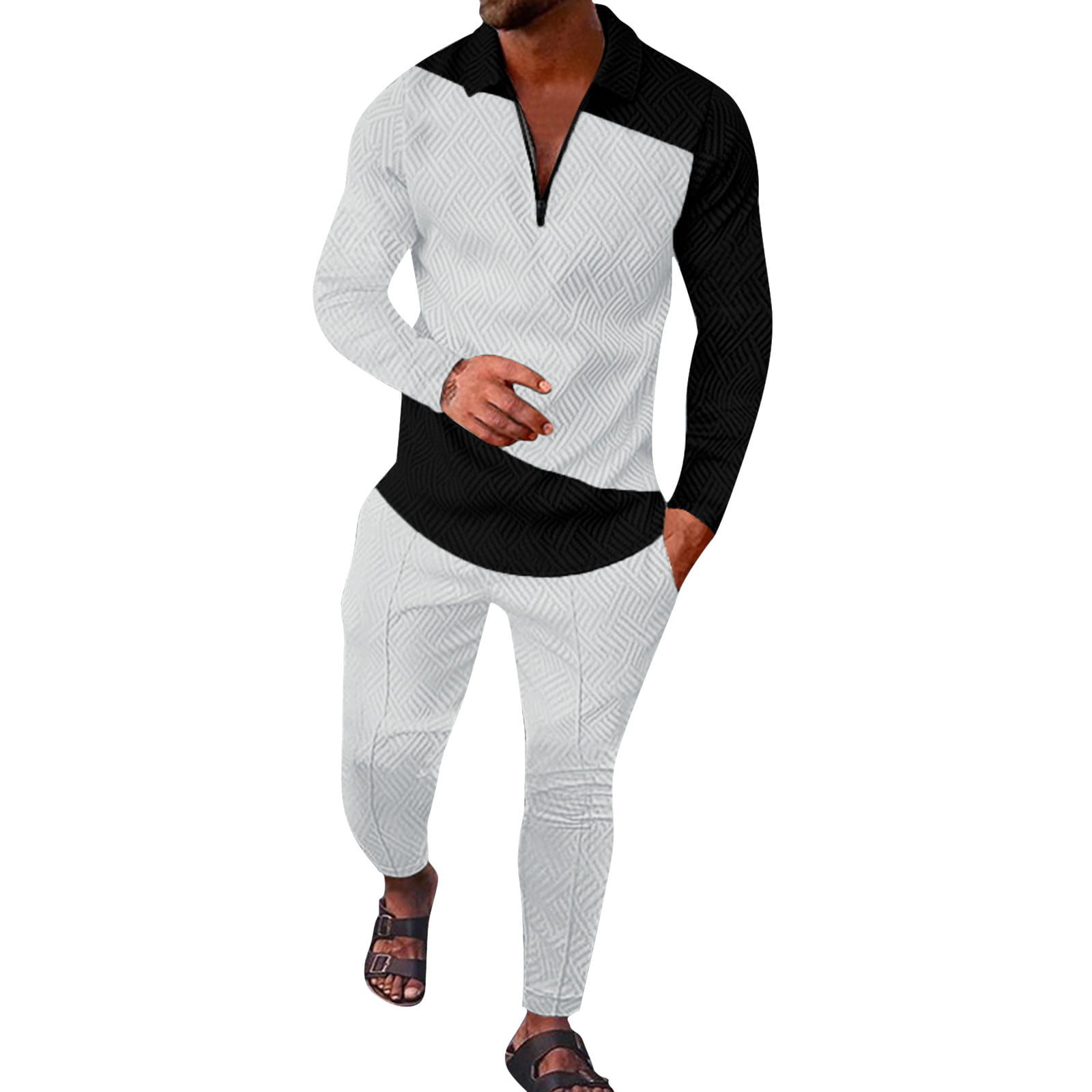 GWAABD Outfits for Men Male Casual 3D Print Two Piece Suit Zipper Collar Long Sleeve Top Blouse Suit Drawstring Pocket Pants Set
