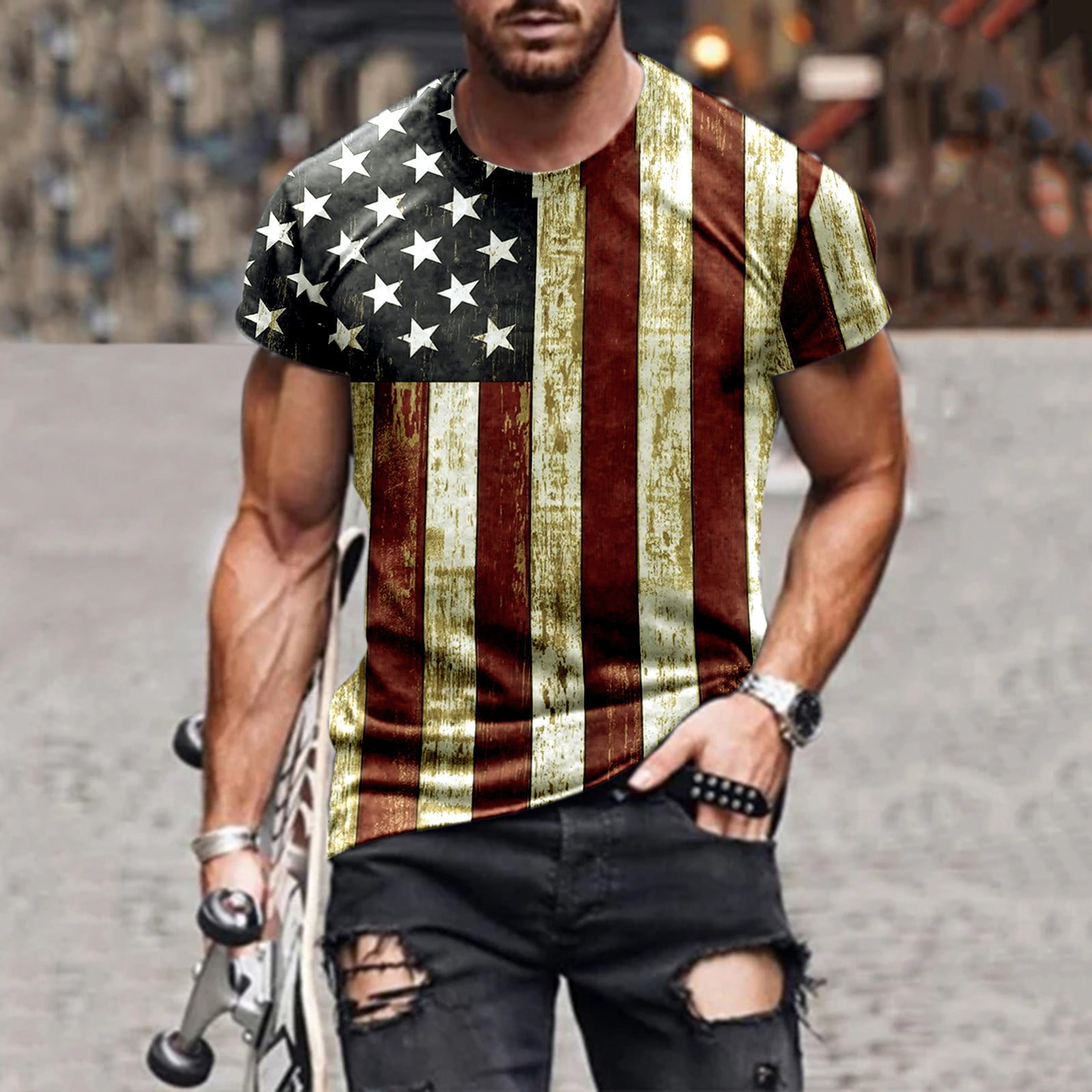 PEASKJP 4th of July Mens Independence Day T-Shirts USA Flag Graphic Tees Short Sleeve American Flag Tees Shirts for Men White XX-L