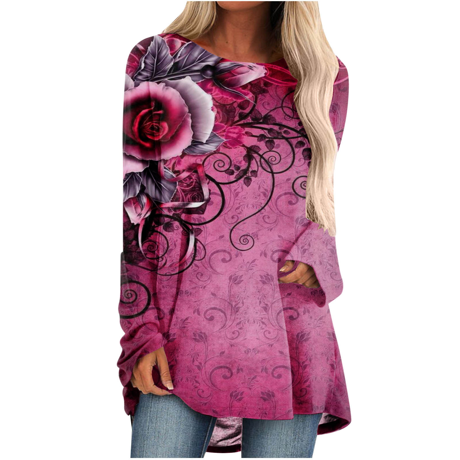 Yourumao Women Clearance Tops Crewneck Tshirts for Womens Summer Fall Long Sleeve Rose Vine Floral Graphic Lounge Blouse Tees Ladies 2023 Clothing Tre